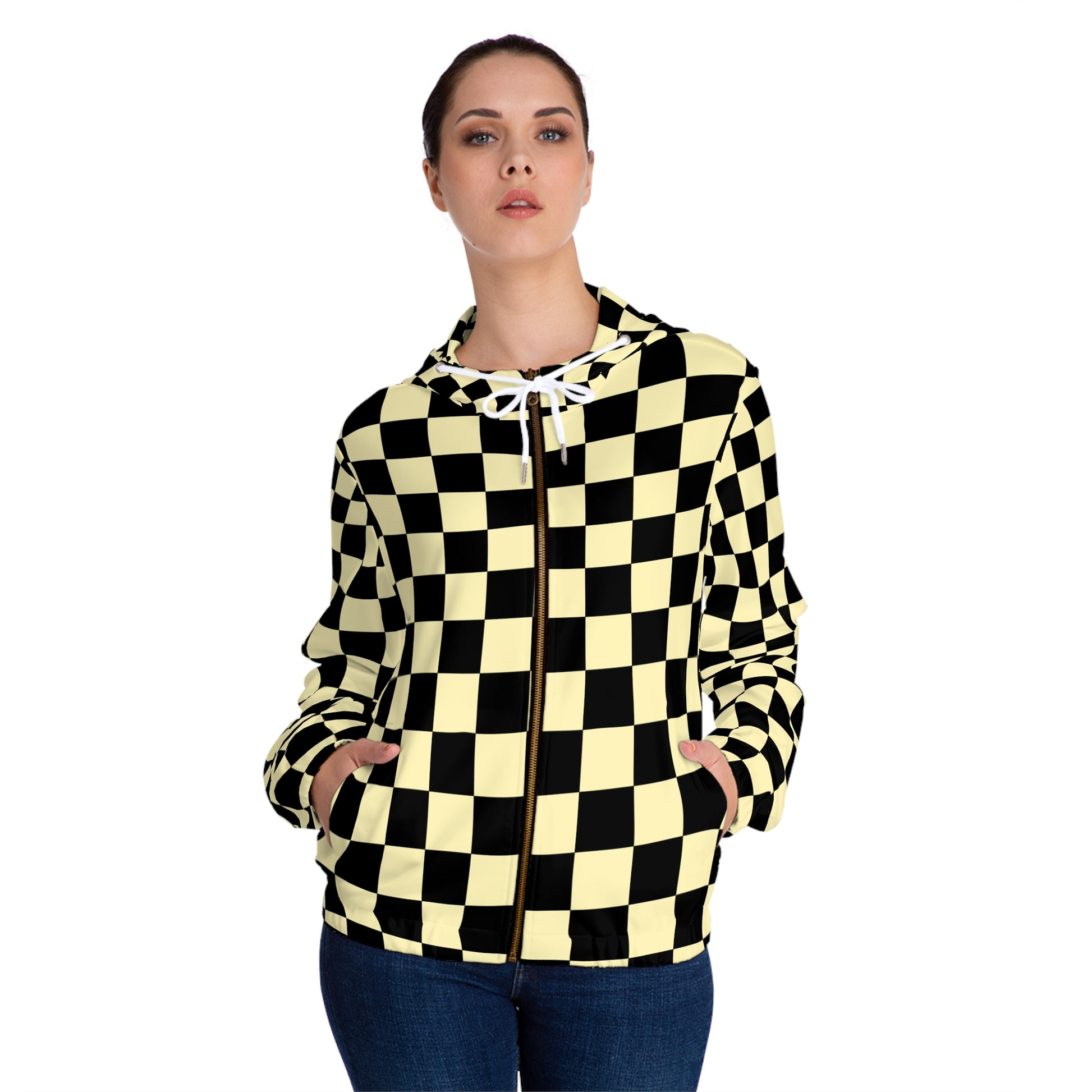 Checkerboard Black and Yellow Women’s Full-Zip Hoodie (AOP), Artsulli - Art is Long, Life is Short, All Over Prints, , , , , , , 