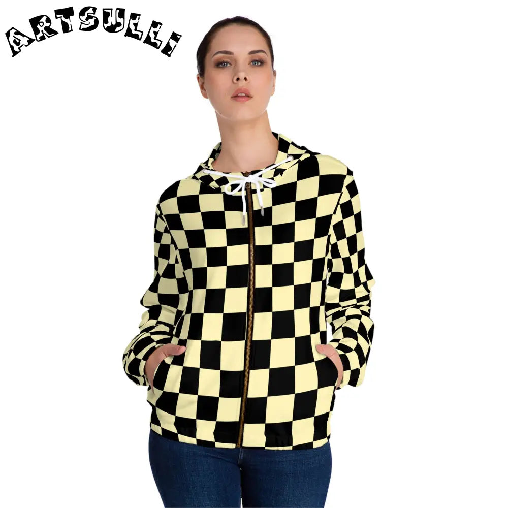 JAKKOUTTHEBXX Checkerboard Black and Yellow Women’s Full-Zip Hoodie