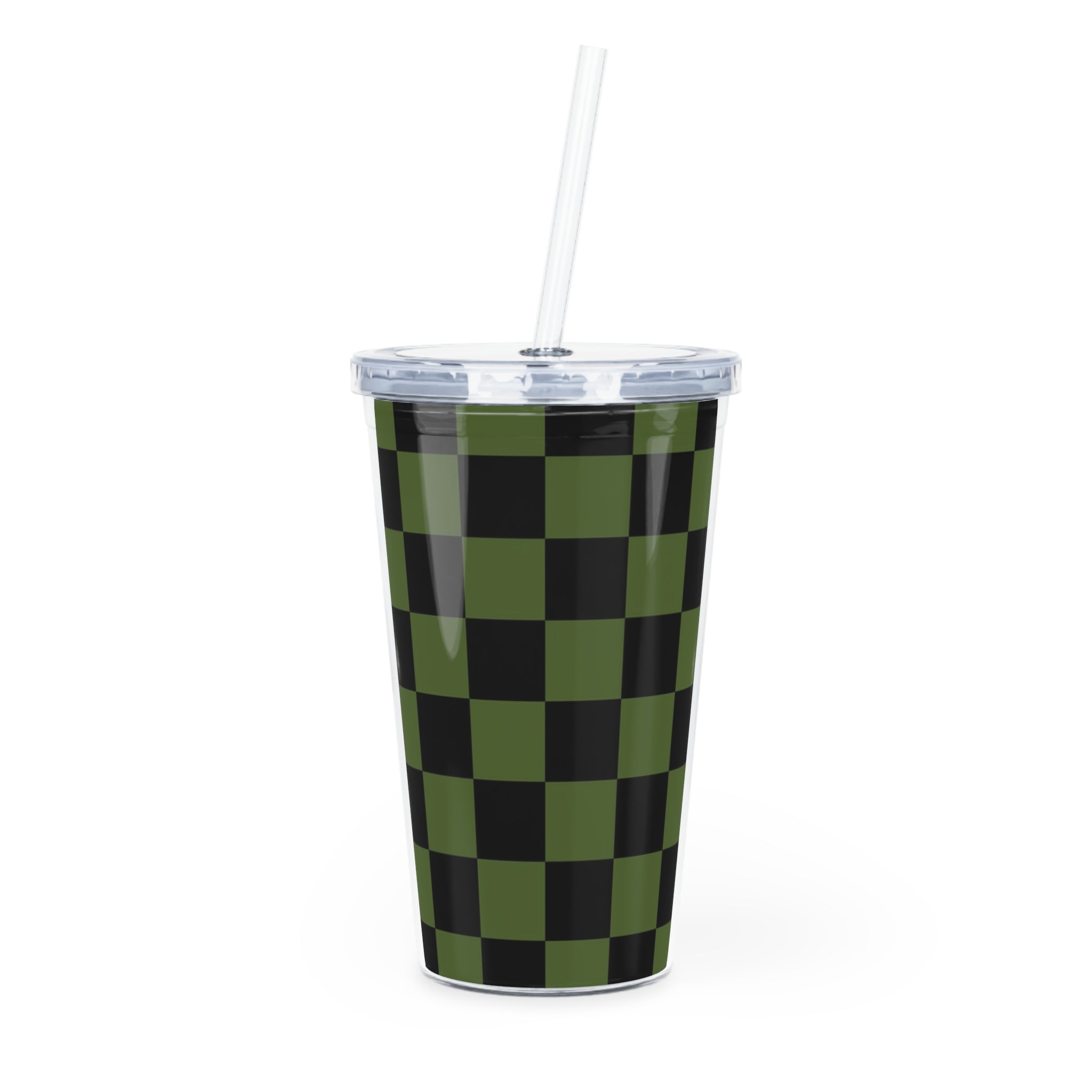 Checkerboard Olive Green and Black Plastic Tumbler with Straw, Artsulli - Art is Long, Life is Short, Mug, Size, 20oz, Color, Transparent, , , 14430233417463619077