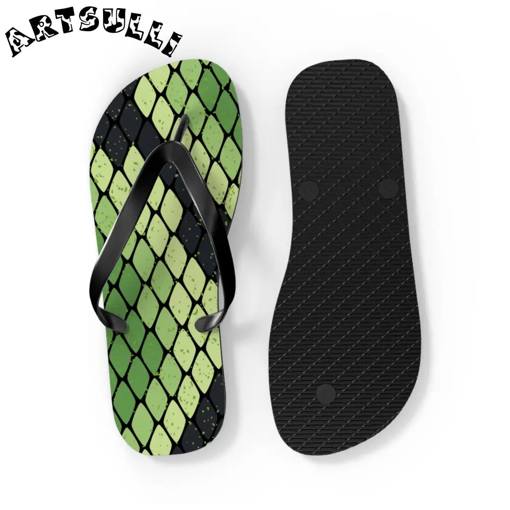 JAKKOUTTHEBXX Snake Skin Green and Black Flip Flops JAKKOUTTHEBXX