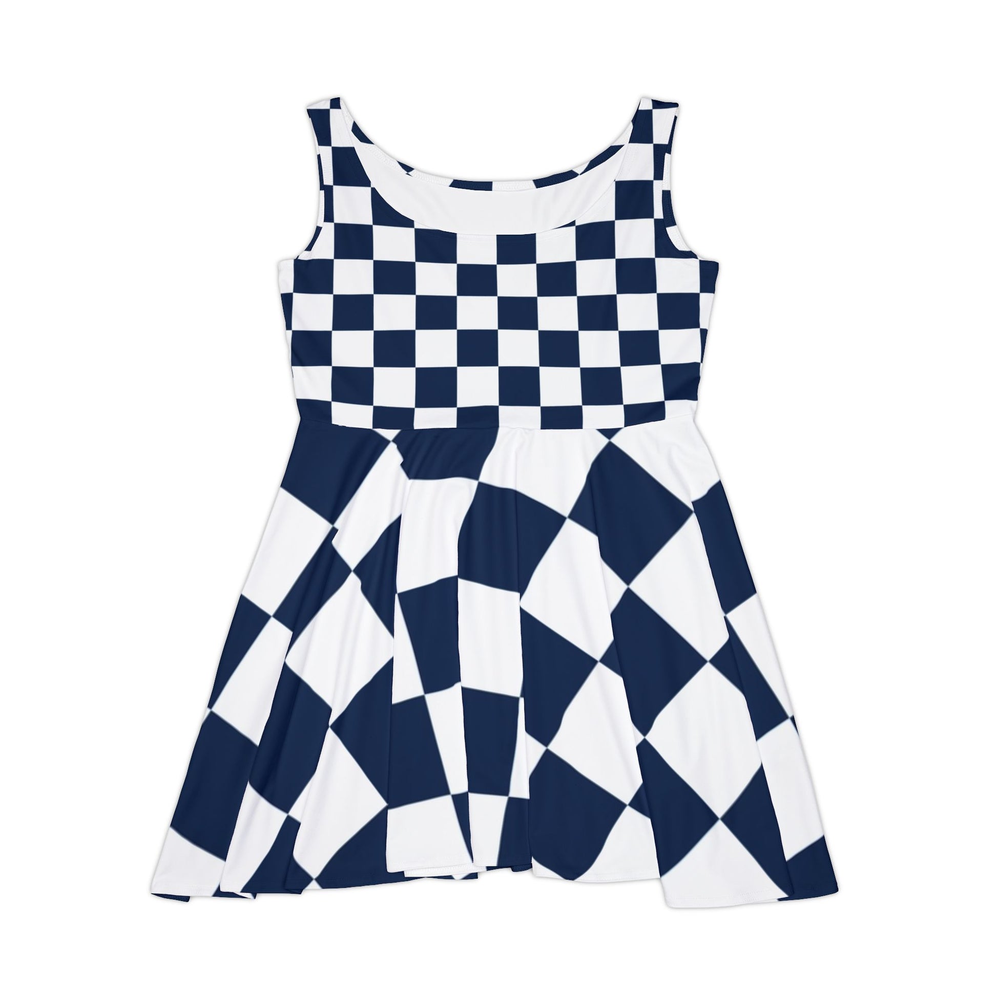 Checkerboard White and Navy Blue Women's Skater Dress (AOP), Artsulli - Art is Long, Life is Short, All Over Prints, Size, XS, , , , , 50873432574755329527