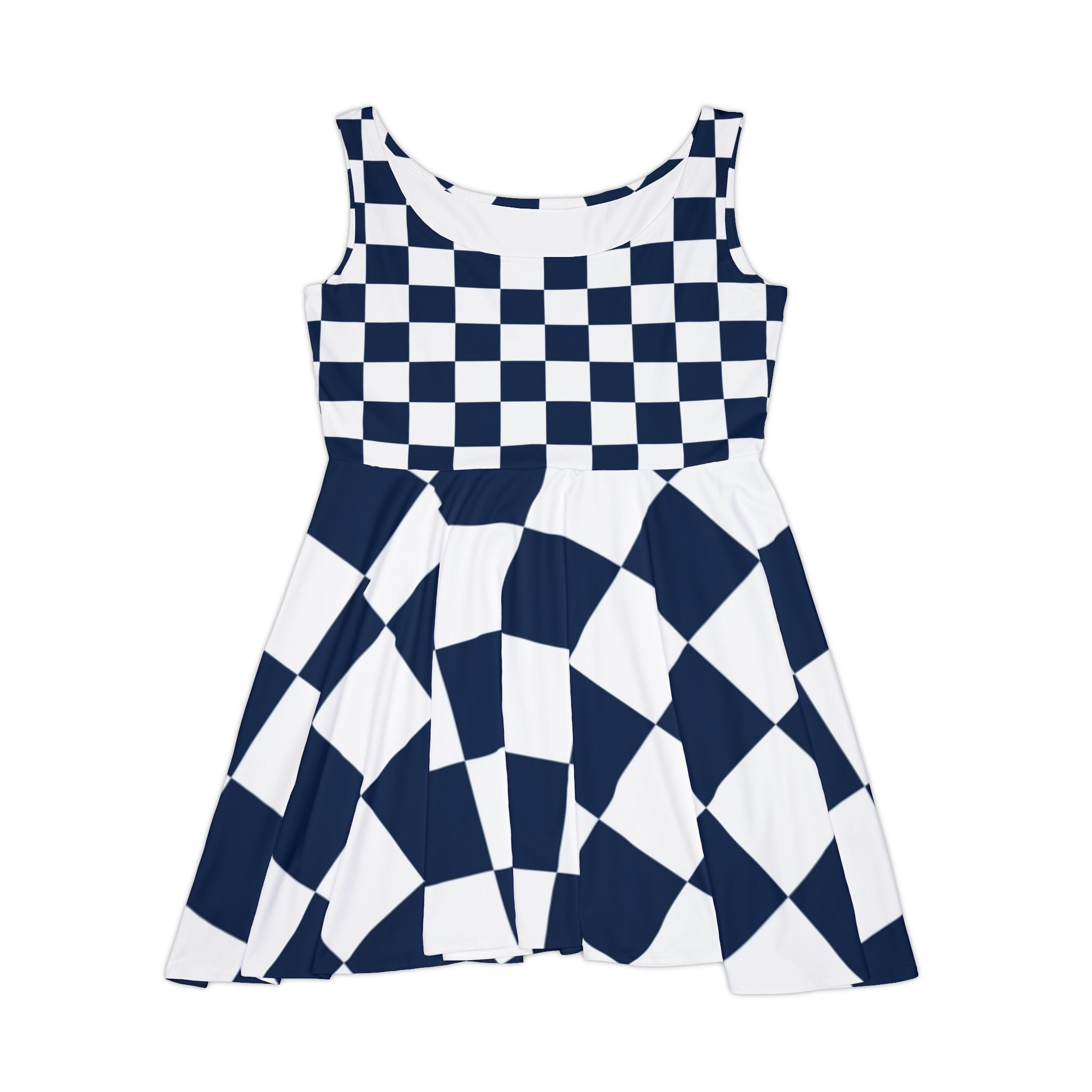 Checkerboard White and Navy Blue Women's Skater Dress (AOP), Artsulli - Art is Long, Life is Short, All Over Prints, Size, XS, , , , , 50873432574755329527