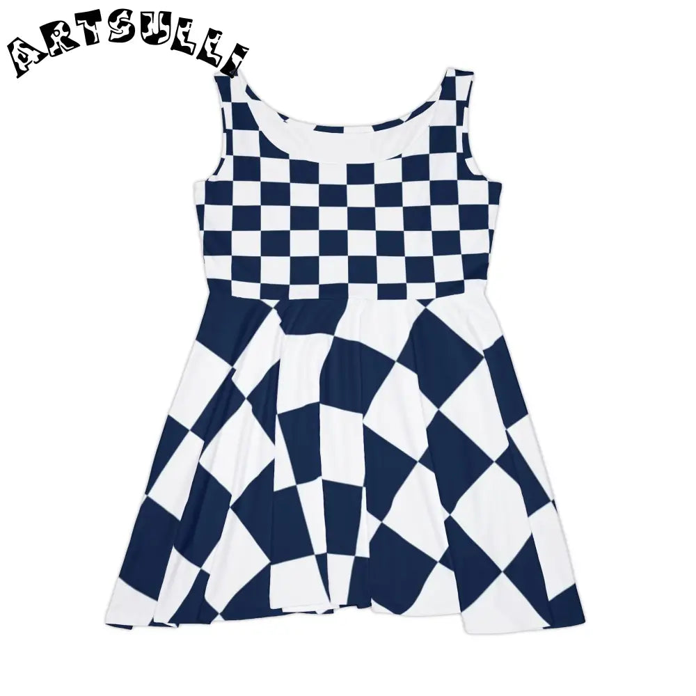 JAKKOUTTHEBXX Checkerboard White and Navy Blue Women’s Skater Dress