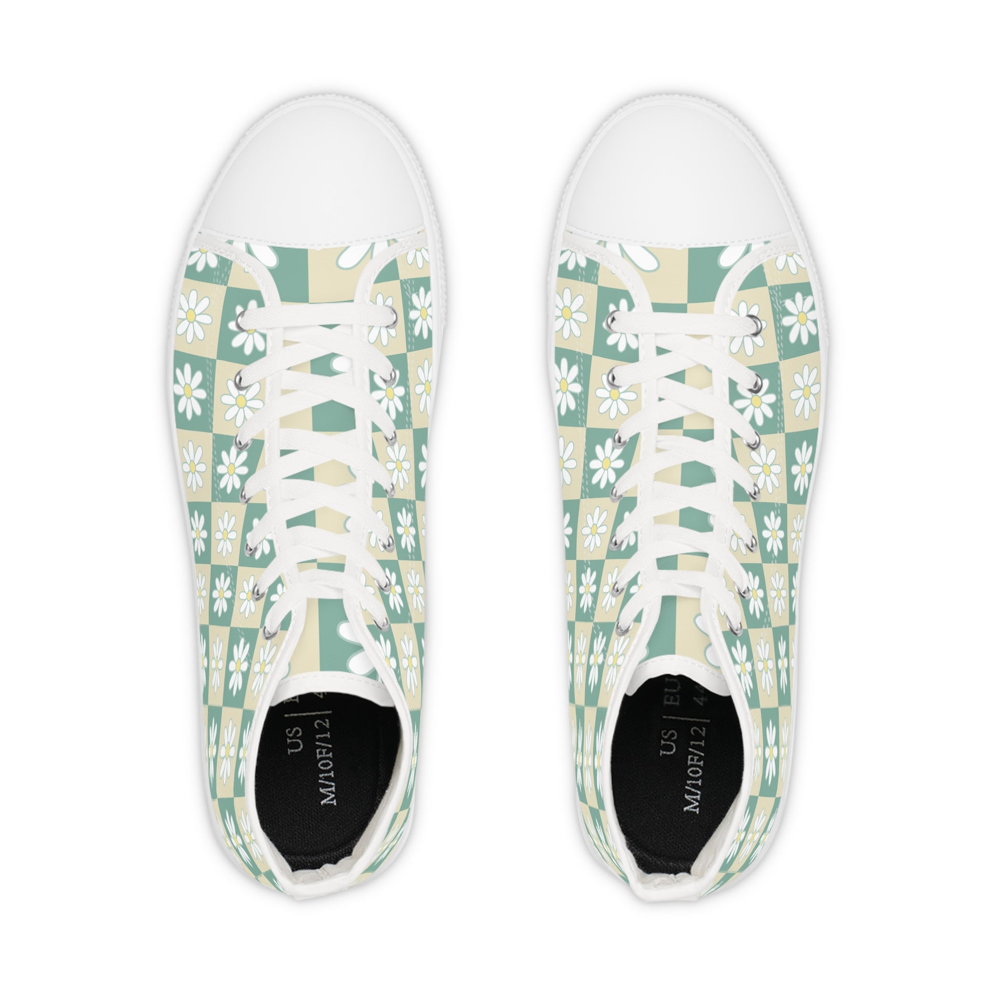 Retro Daisy Checkerboard Green and Tan Men's High Top Sneakers, Artsulli - Art is Long, Life is Short, Shoes, , , , , , , 