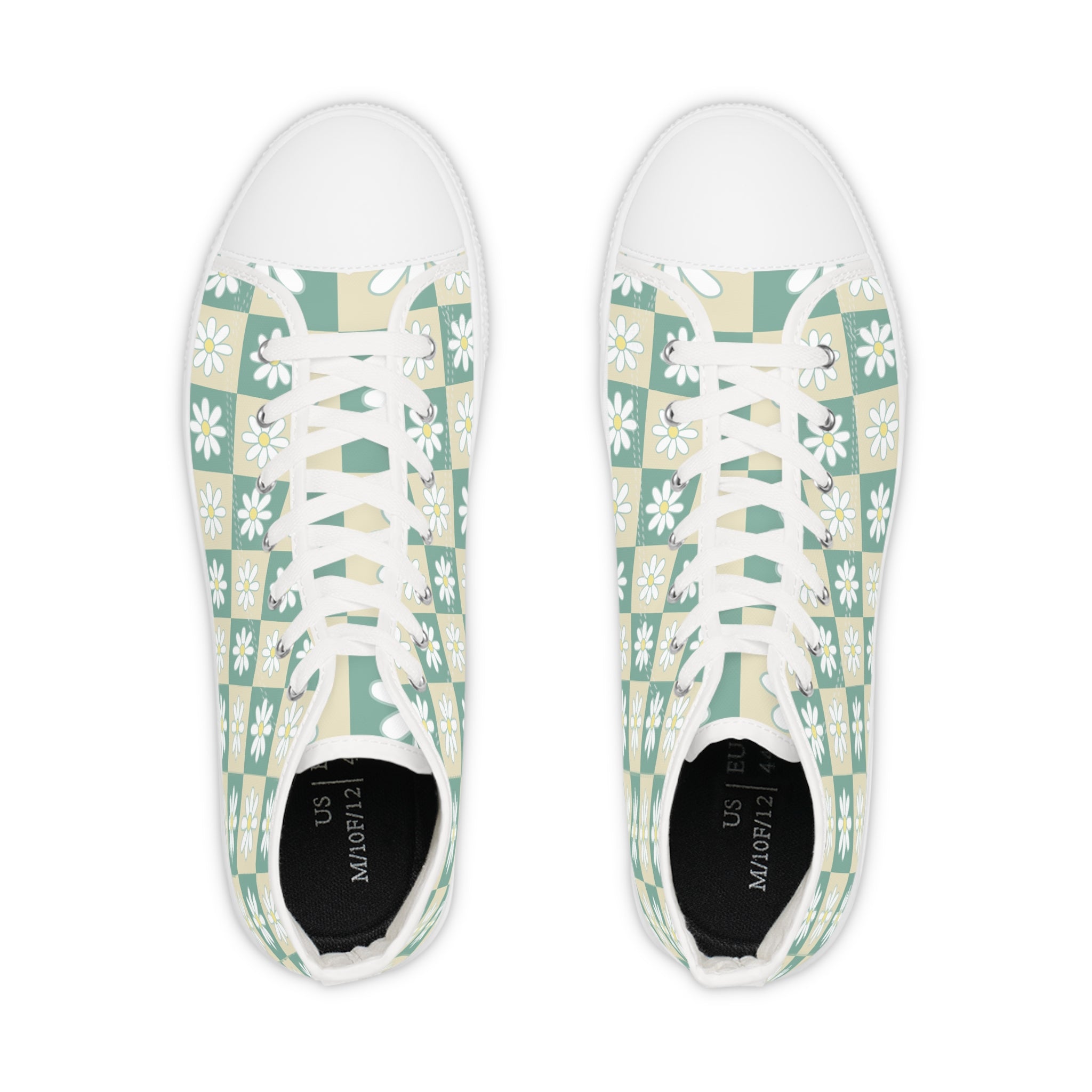 Retro Daisy Checkerboard Green and Tan Men's High Top Sneakers, Artsulli - Art is Long, Life is Short, Shoes, , , , , , , 