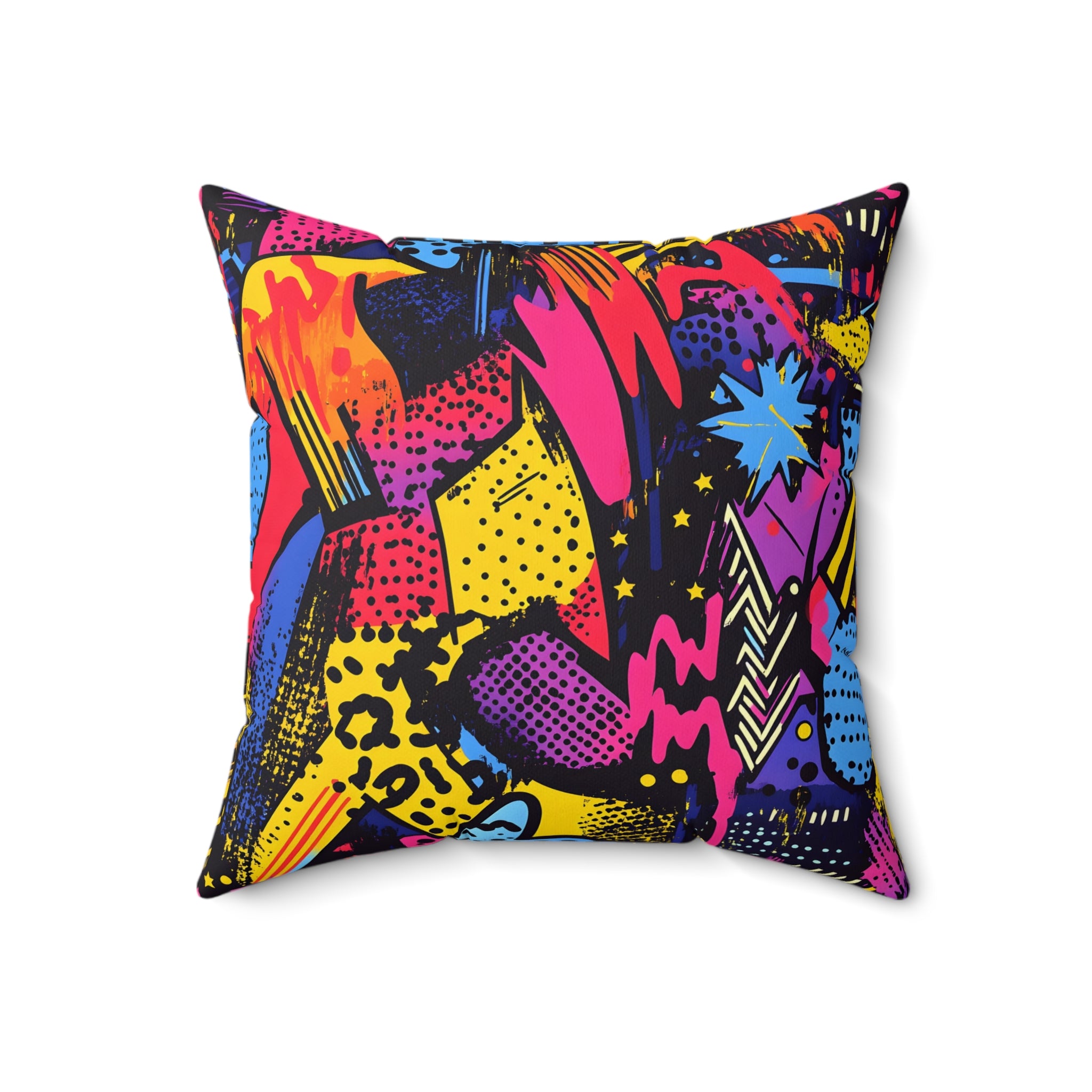 Retro Riot 80s Graffiti Stars Spun Polyester Square Pillow, Artsulli - Art is Long, Life is Short, Home Decor, Size, 18" × 18", , , , , 30502457692929491155