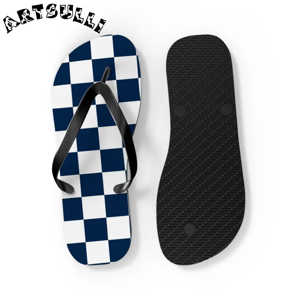 JAKKOUTTHEBXX Checkerboard White and Navy Blue Flip Flops