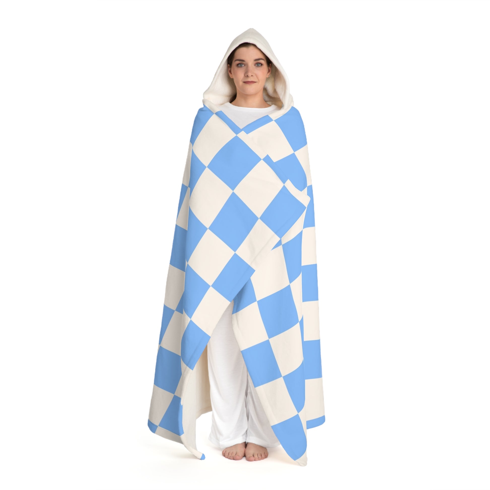 Checkerboard White and Light Blue Hooded Sherpa Fleece Blanket, Artsulli - Art is Long, Life is Short, All Over Prints, , , , , , , 
