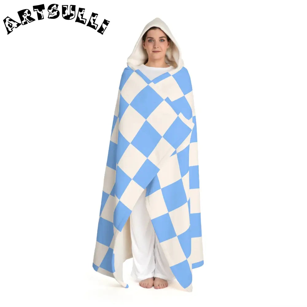 JAKKOUTTHEBXX Checkerboard White and Light Blue Hooded Sherpa Fleece