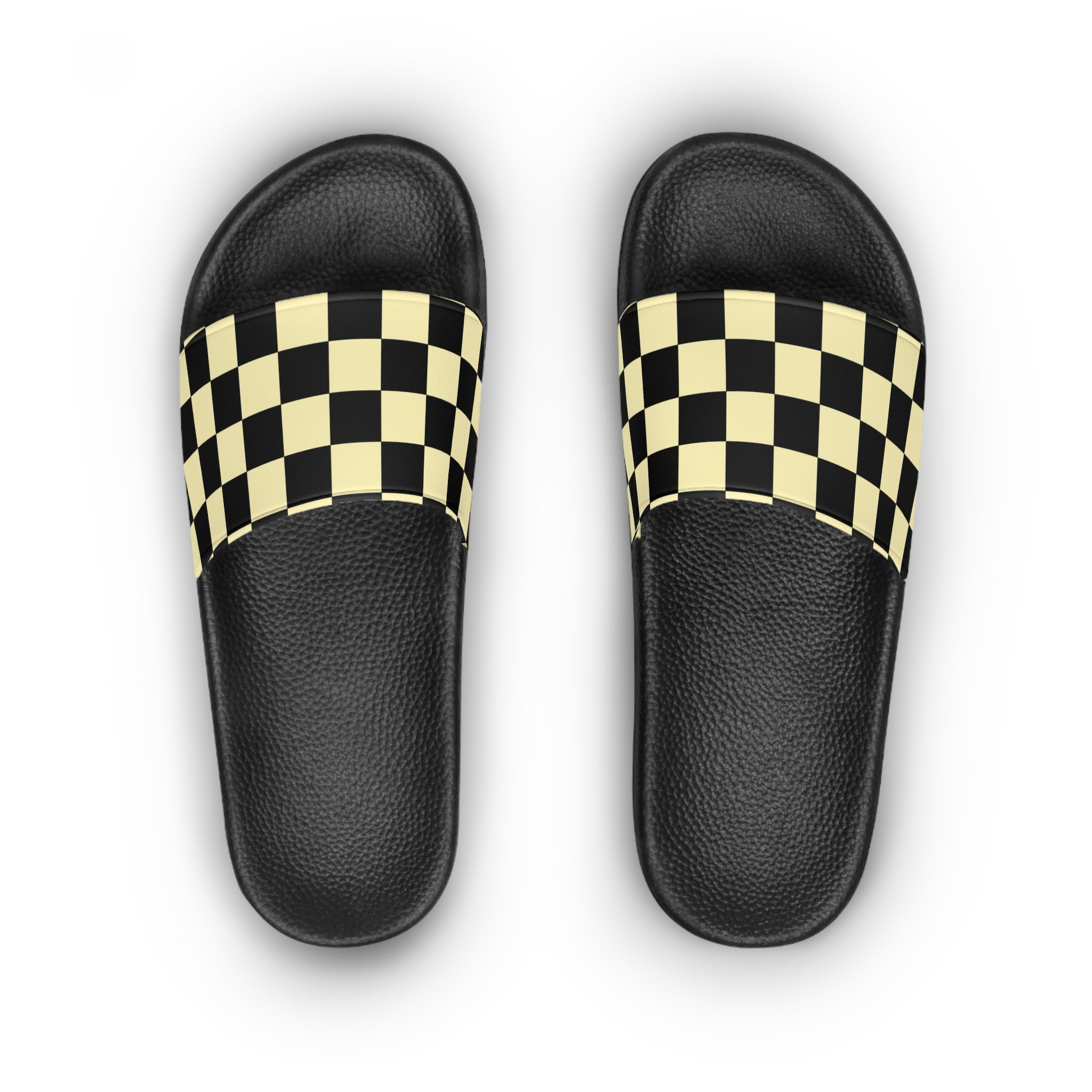 Short  Punchy Checkerboard Black and Yellow Women's Slide Sandals, Artsulli - Art is Long, Life is Short, Shoes, , , , , , , 
