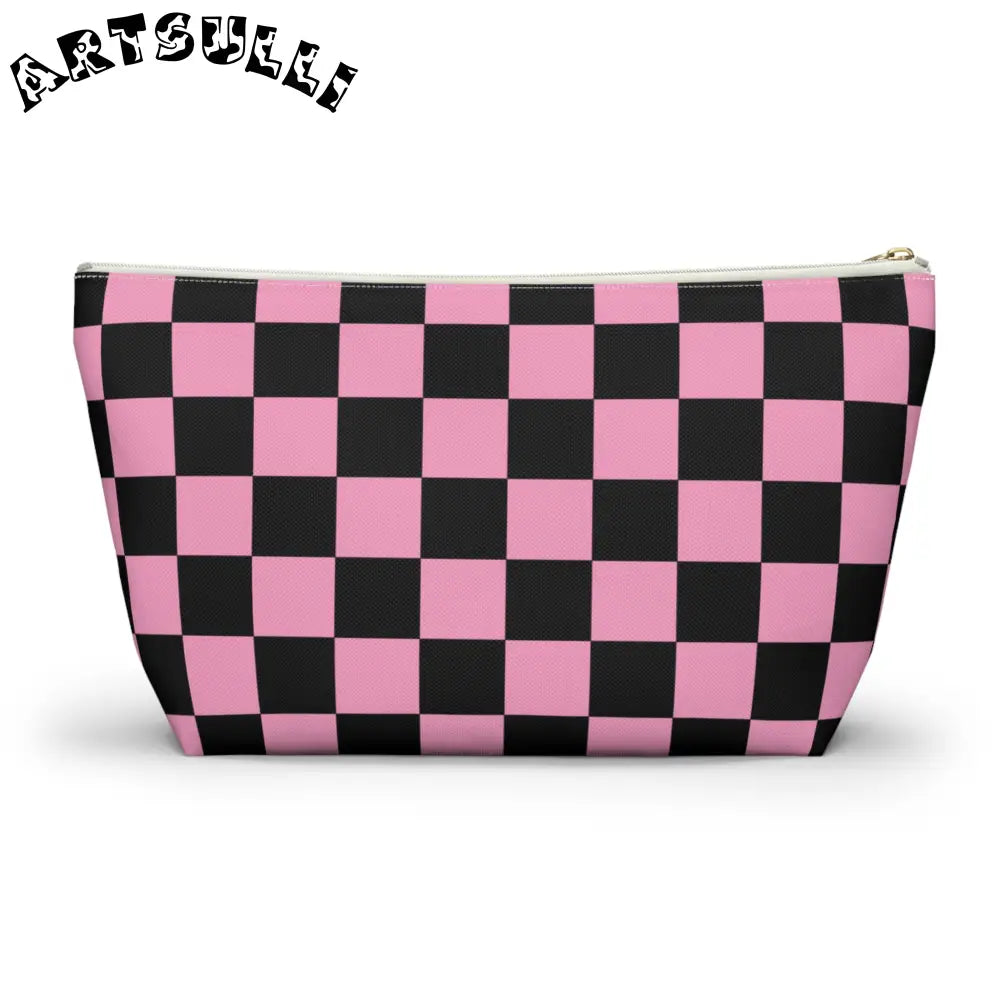 JAKKOUTTHEBXX Checkerboard Black and Pink Accessory Pouch w T-bottom