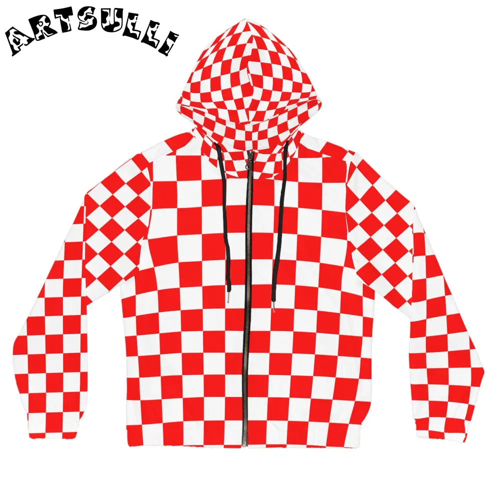 JAKKOUTTHEBXX Checkerboard Red and White Women’s Full-Zip Hoodie