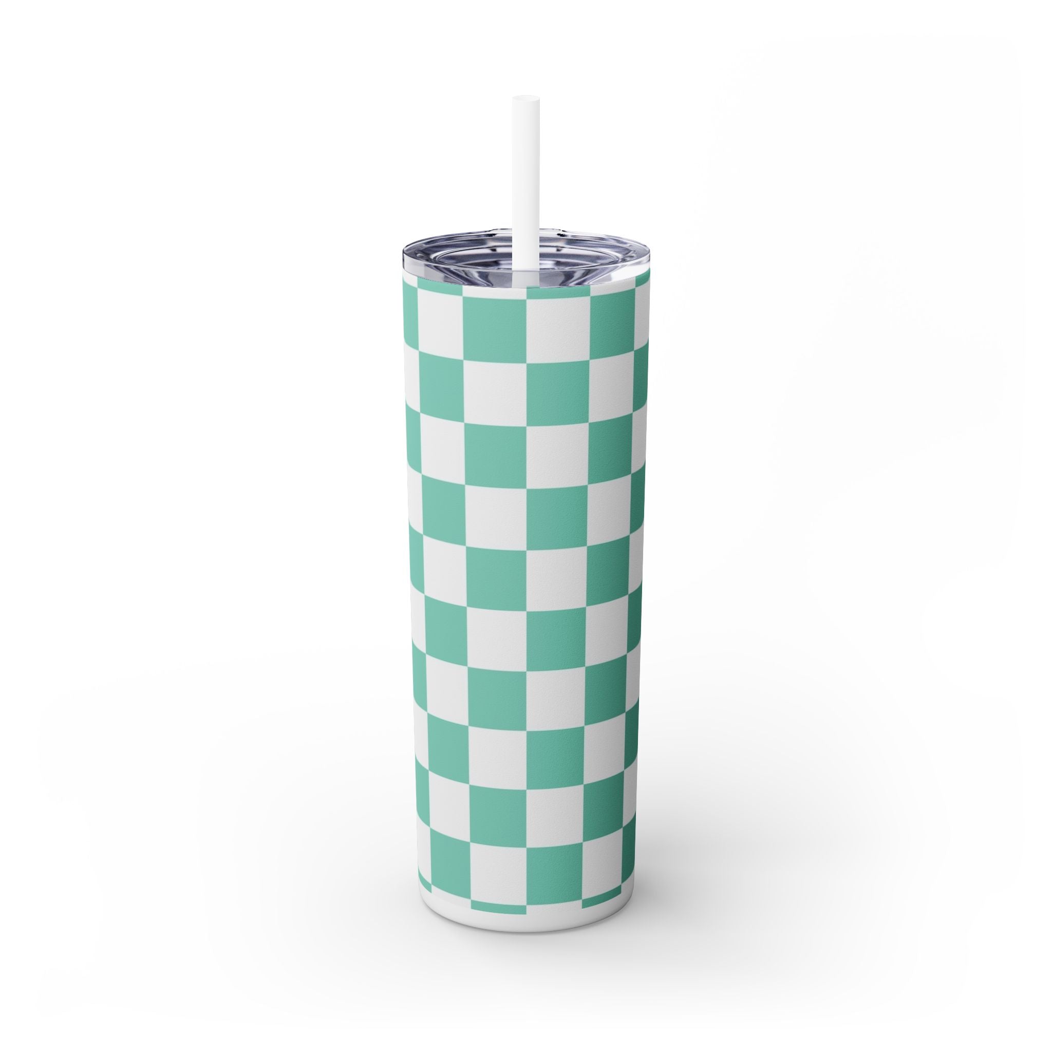 Checkerboard Light Green Skinny Tumbler with Straw, 20oz, Artsulli - Art is Long, Life is Short, Mug, , , , , , , 