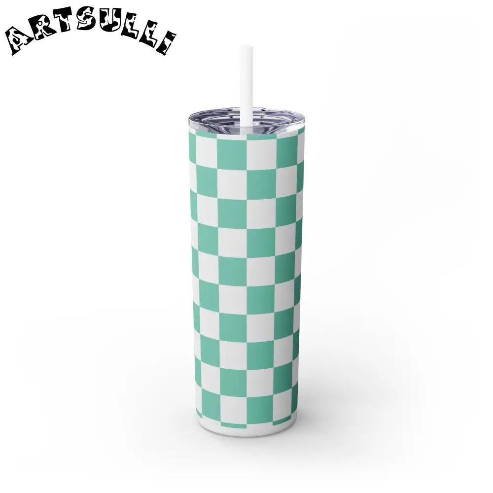 JAKKOUTTHEBXX Checkerboard Light Green Skinny Tumbler with Straw