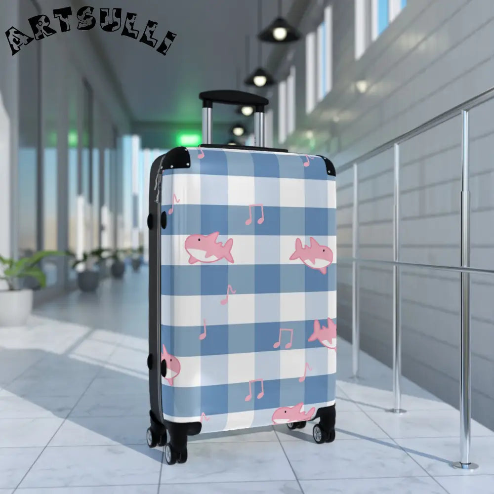 JAKKOUTTHEBXX Checkered Traveling Suitcase with Pink Sharks and Music Notes 2025