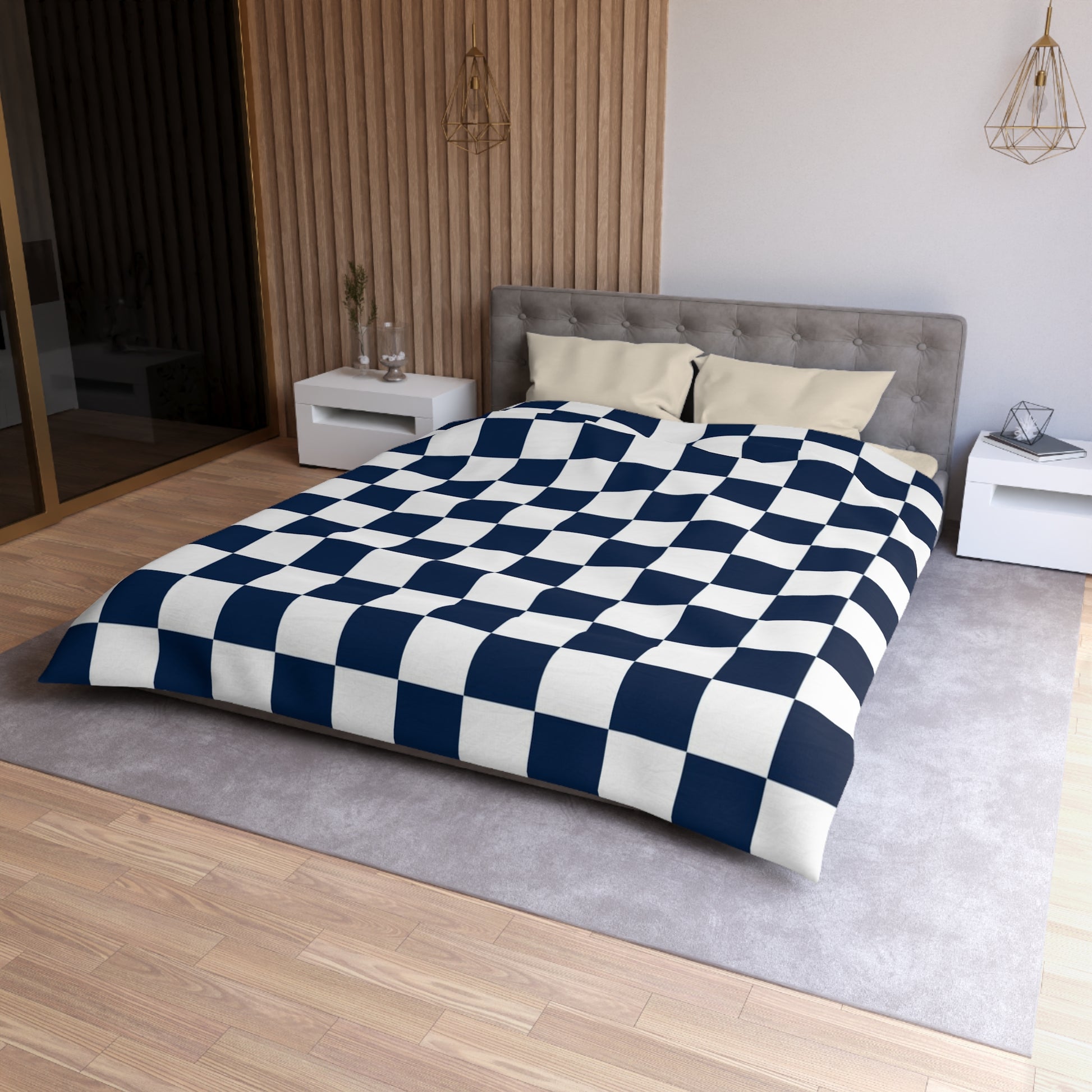 Checkerboard White and Navy Blue Microfiber Duvet Cover, Artsulli - Art is Long, Life is Short, Home Decor, , , , , , , 