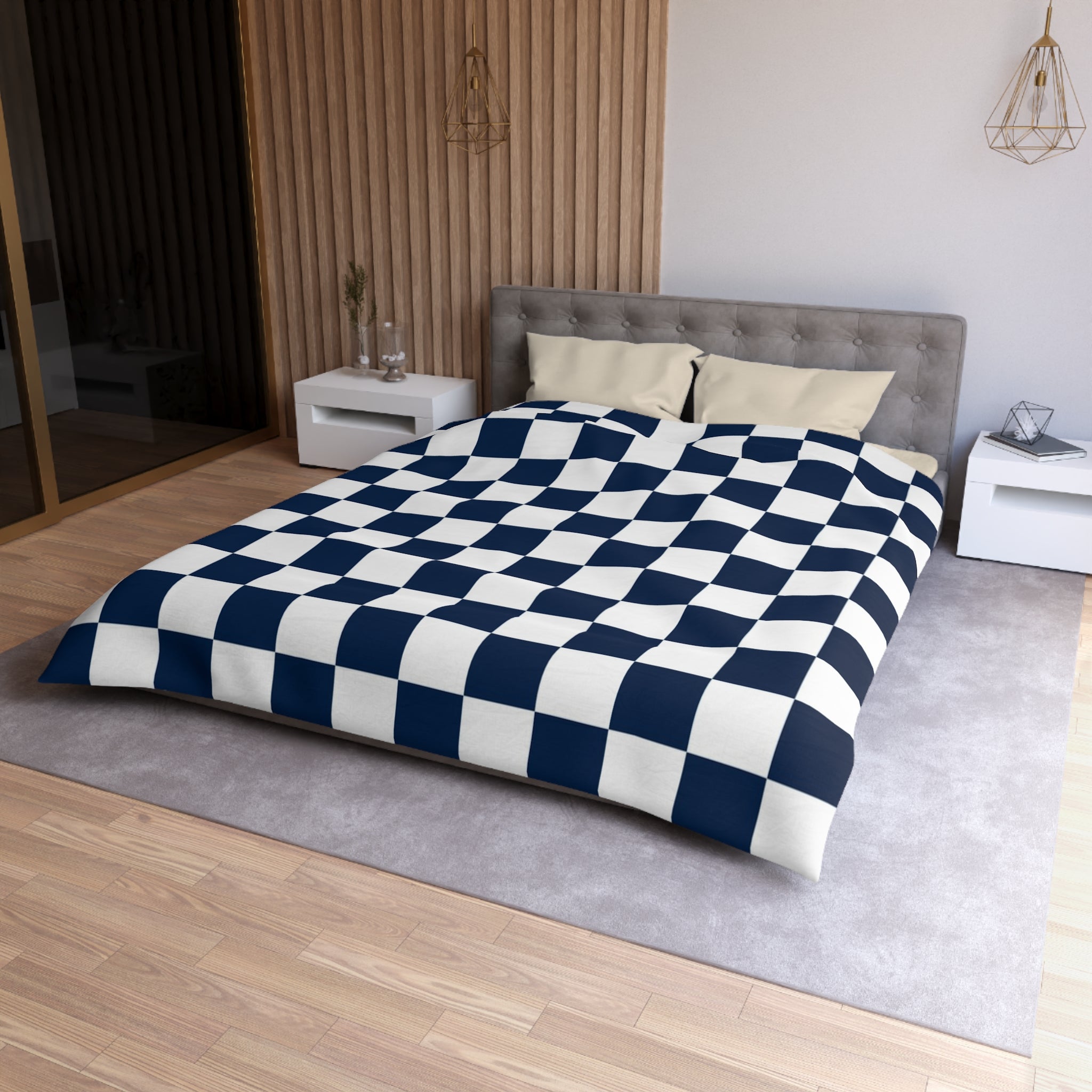 Checkerboard White and Navy Blue Microfiber Duvet Cover, Artsulli - Art is Long, Life is Short, Home Decor, , , , , , , 
