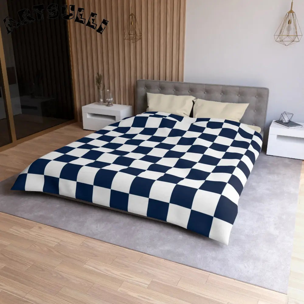 JAKKOUTTHEBXX Checkerboard White and Navy Blue Microfiber Duvet