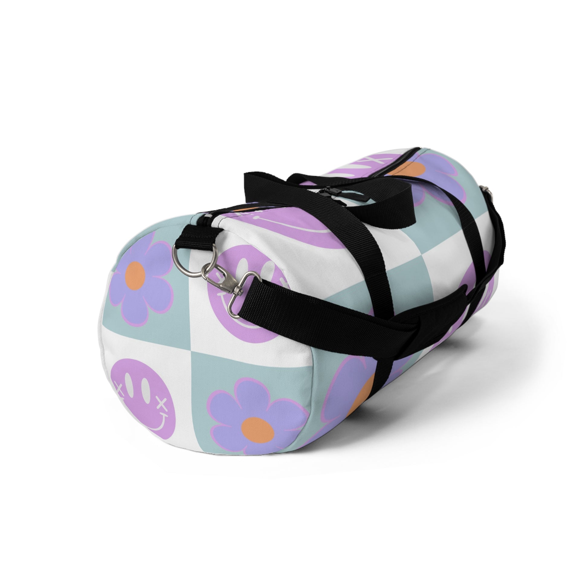 Flower x Smiley Face x Checkerboard Purple Duffel Bag, Artsulli - Art is Long, Life is Short, Bags, , , , , , , 