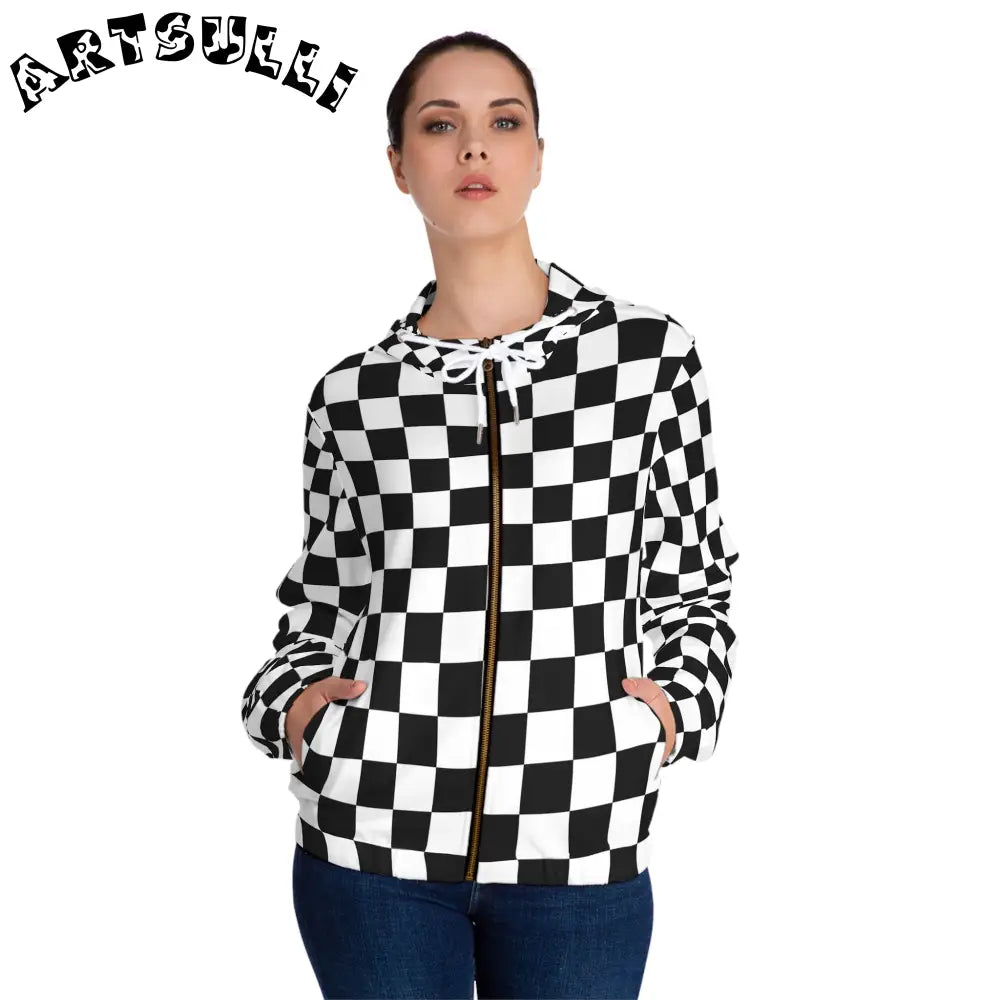 JAKKOUTTHEBXX Checkerboard White and Black Women’s Full-Zip Hoodie