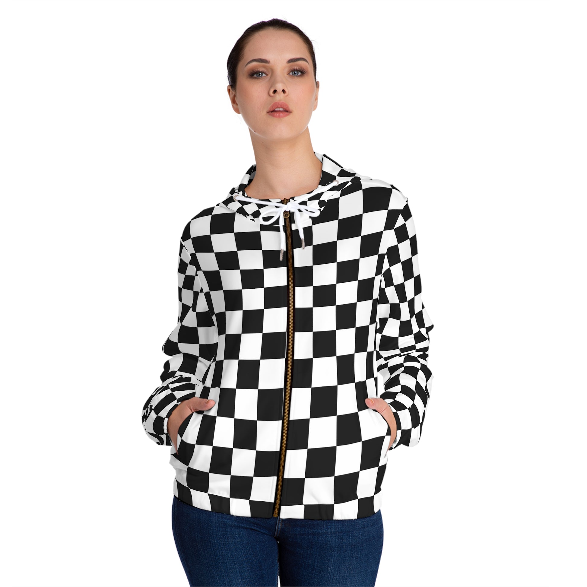 Checkerboard White and Black Women’s Full-Zip Hoodie (AOP), Artsulli - Art is Long, Life is Short, All Over Prints, , , , , , , 