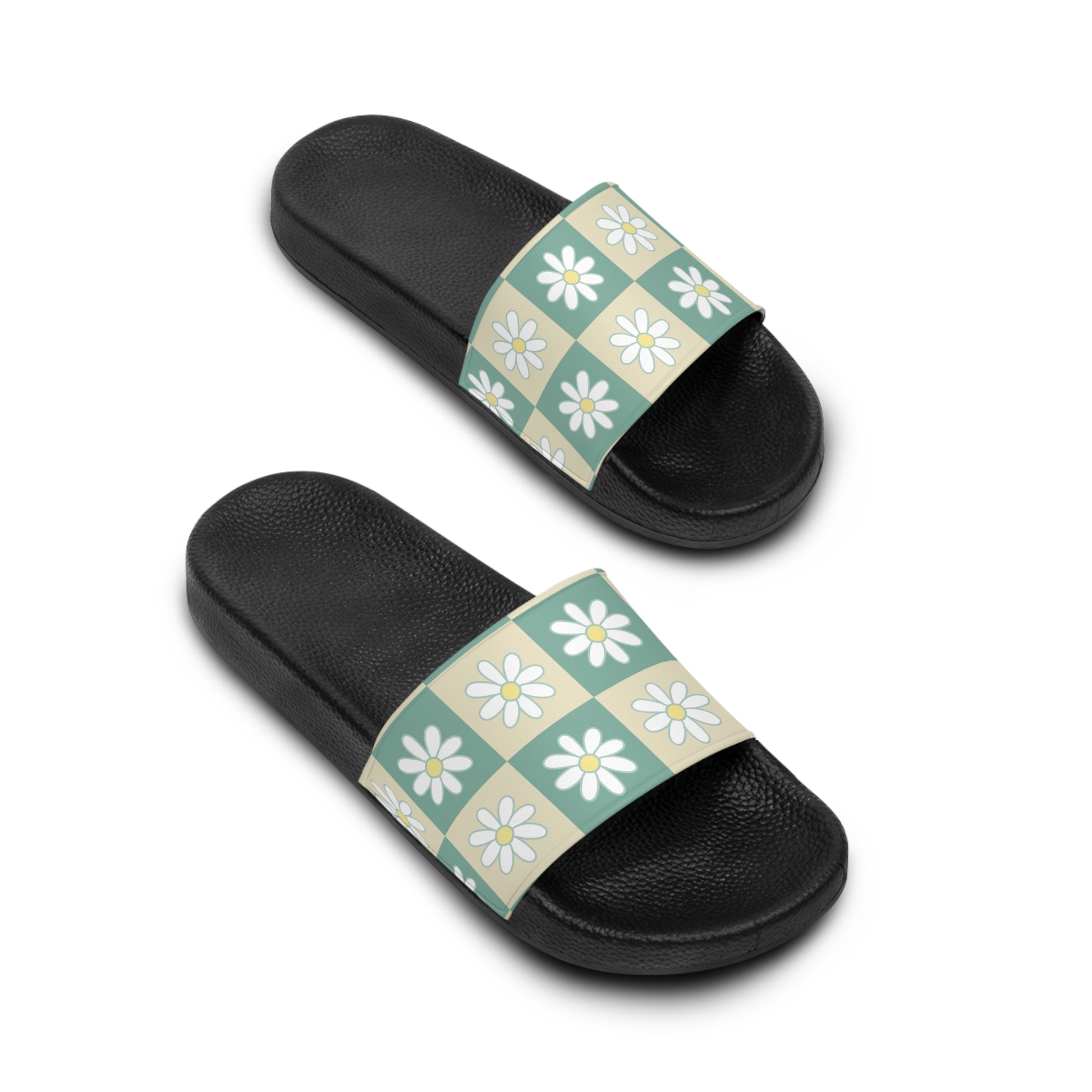 Retro Daisy Checkerboard Green and Tan Women's Slide Sandals, Artsulli - Art is Long, Life is Short, Shoes, , , , , , , 