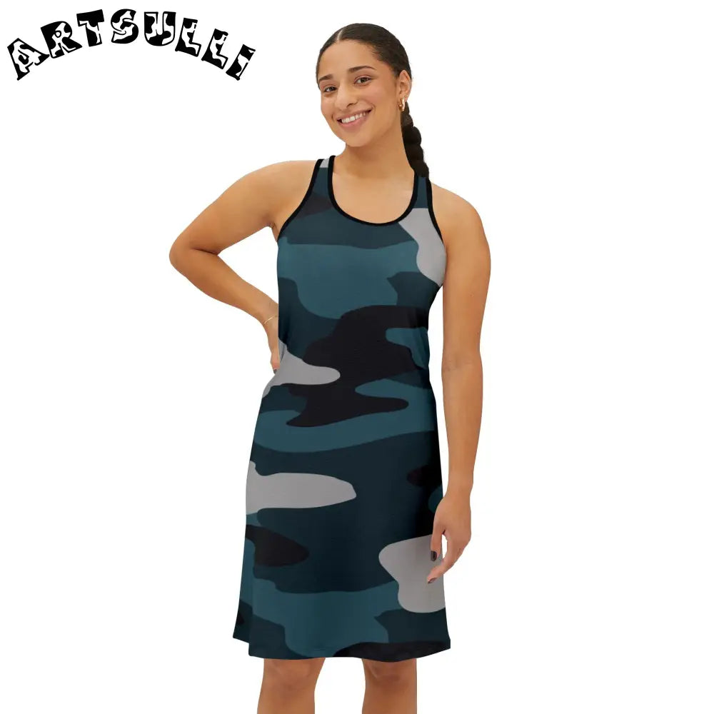 JAKKOUTTHEBXX Blue Camouflage Women’s Racerback Dress (AOP)