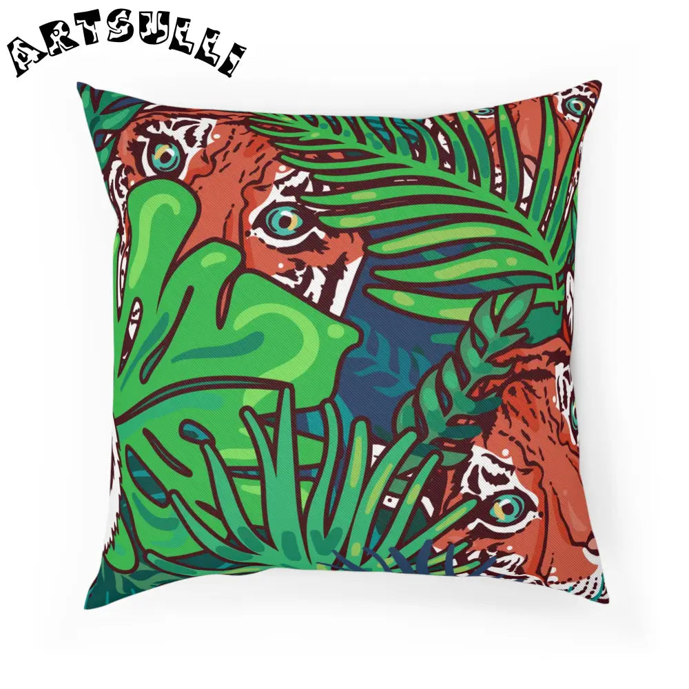 JAKKOUTTHEBXX Tropical Jungle Tigers Blue and Green Cushion