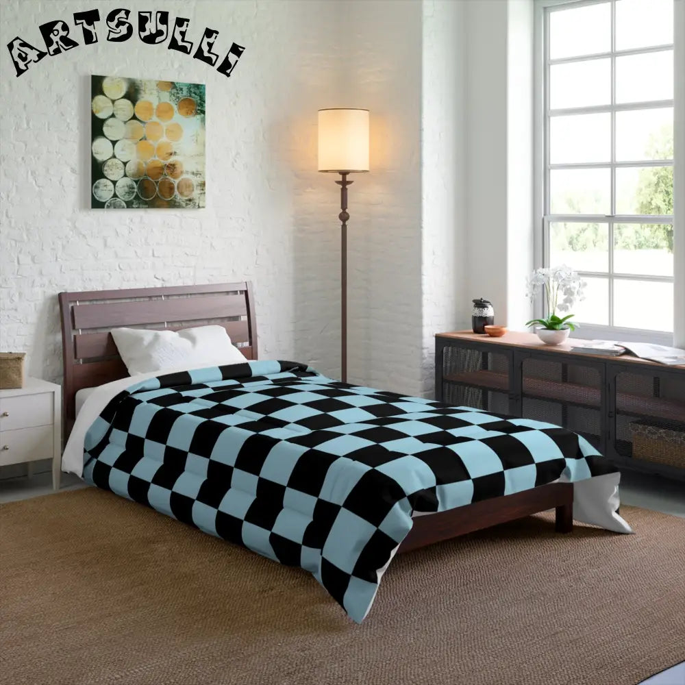 JAKKOUTTHEBXX Checkerboard Black and Blue Comforter JAKKOUTTHEBXX