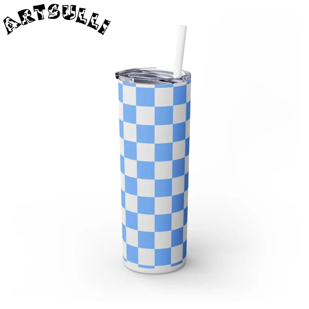 JAKKOUTTHEBXX Checkerboard White and Light Blue Skinny Tumbler