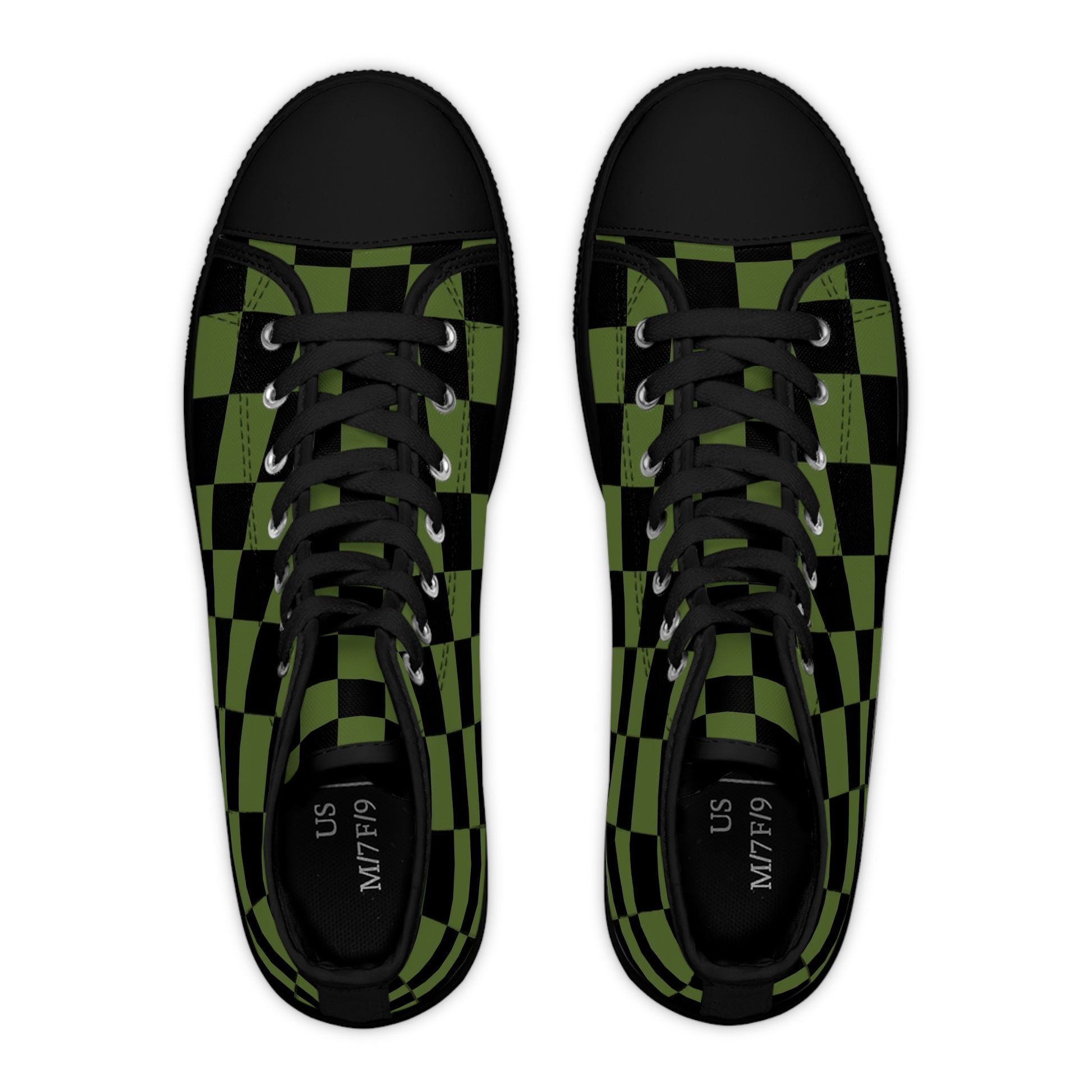 Checkerboard Olive Green and Black Women's High Top Sneakers, Artsulli - Art is Long, Life is Short, Shoes, , , , , , , 