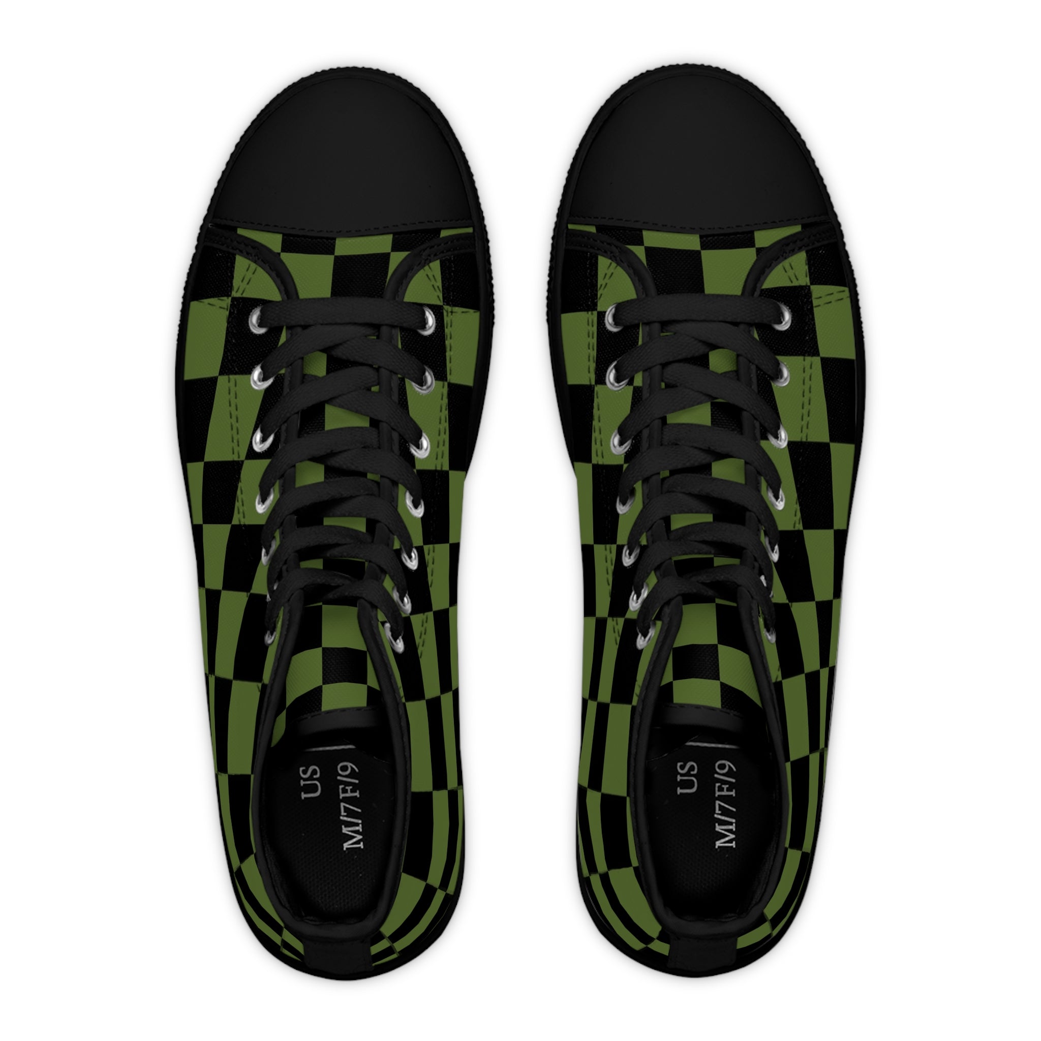 Checkerboard Olive Green and Black Women's High Top Sneakers, Artsulli - Art is Long, Life is Short, Shoes, , , , , , , 