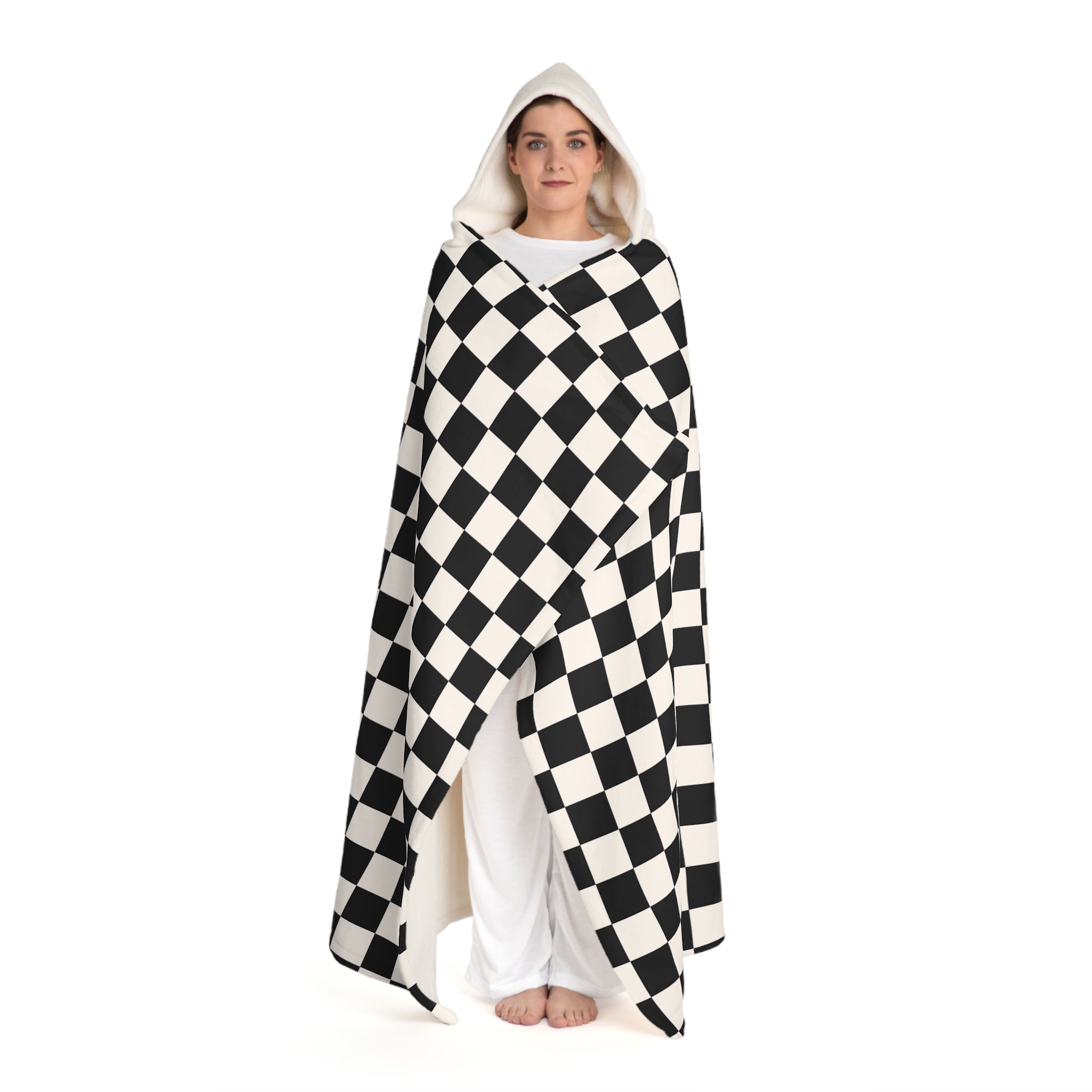 Checkerboard II White and Black Hooded Sherpa Fleece Blanket, Artsulli - Art is Long, Life is Short, All Over Prints, , , , , , , 