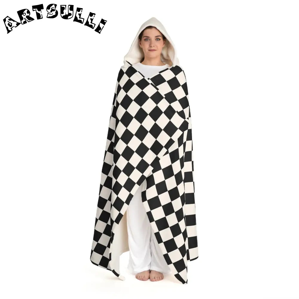 JAKKOUTTHEBXX Checkerboard II White and Black Hooded Sherpa Fleece