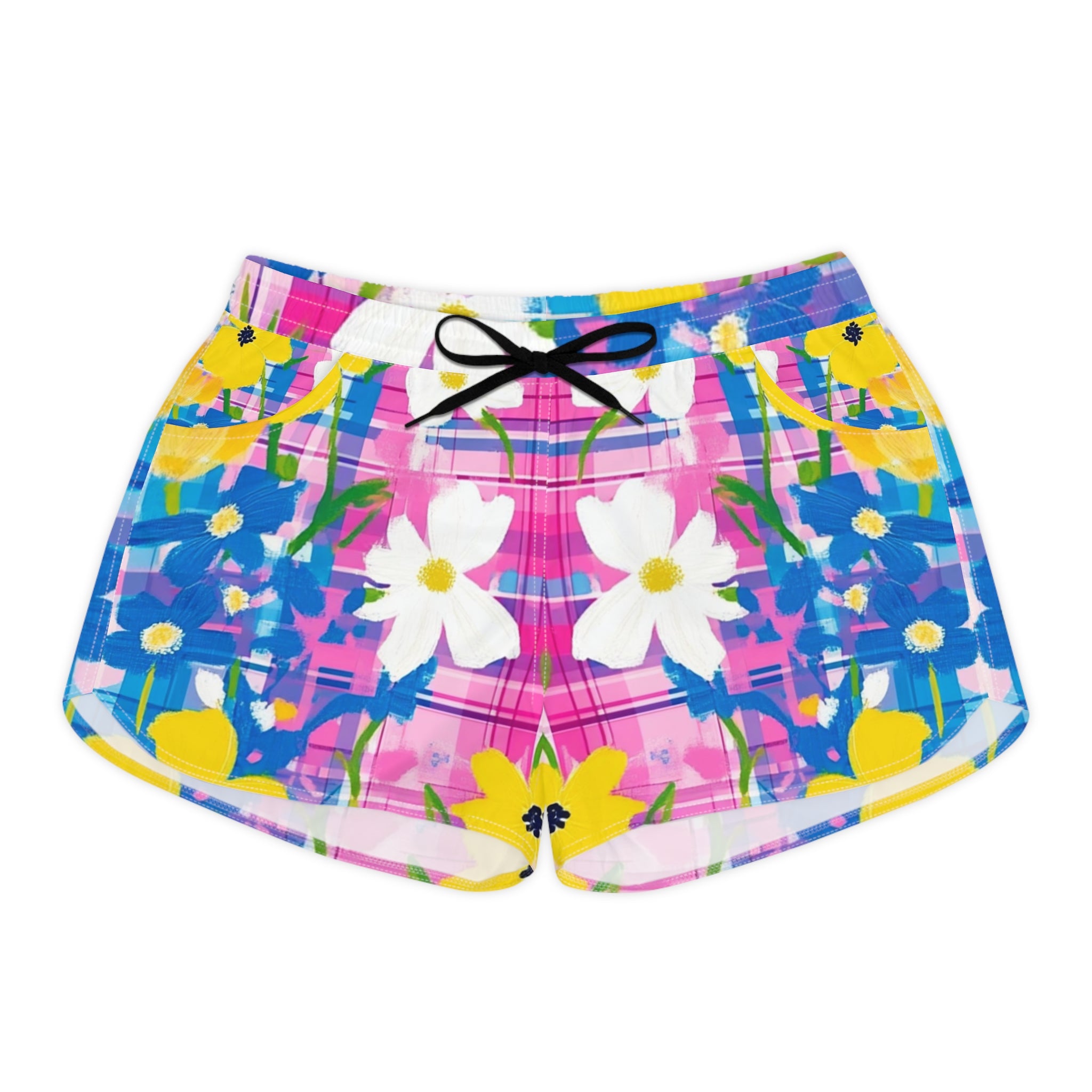 Plaid Garden Pink and Purple Women's Casual Shorts (AOP), Artsulli - Art is Long, Life is Short, All Over Prints, Size, S, Color, Black drawstring, , , 28088975642874771117
