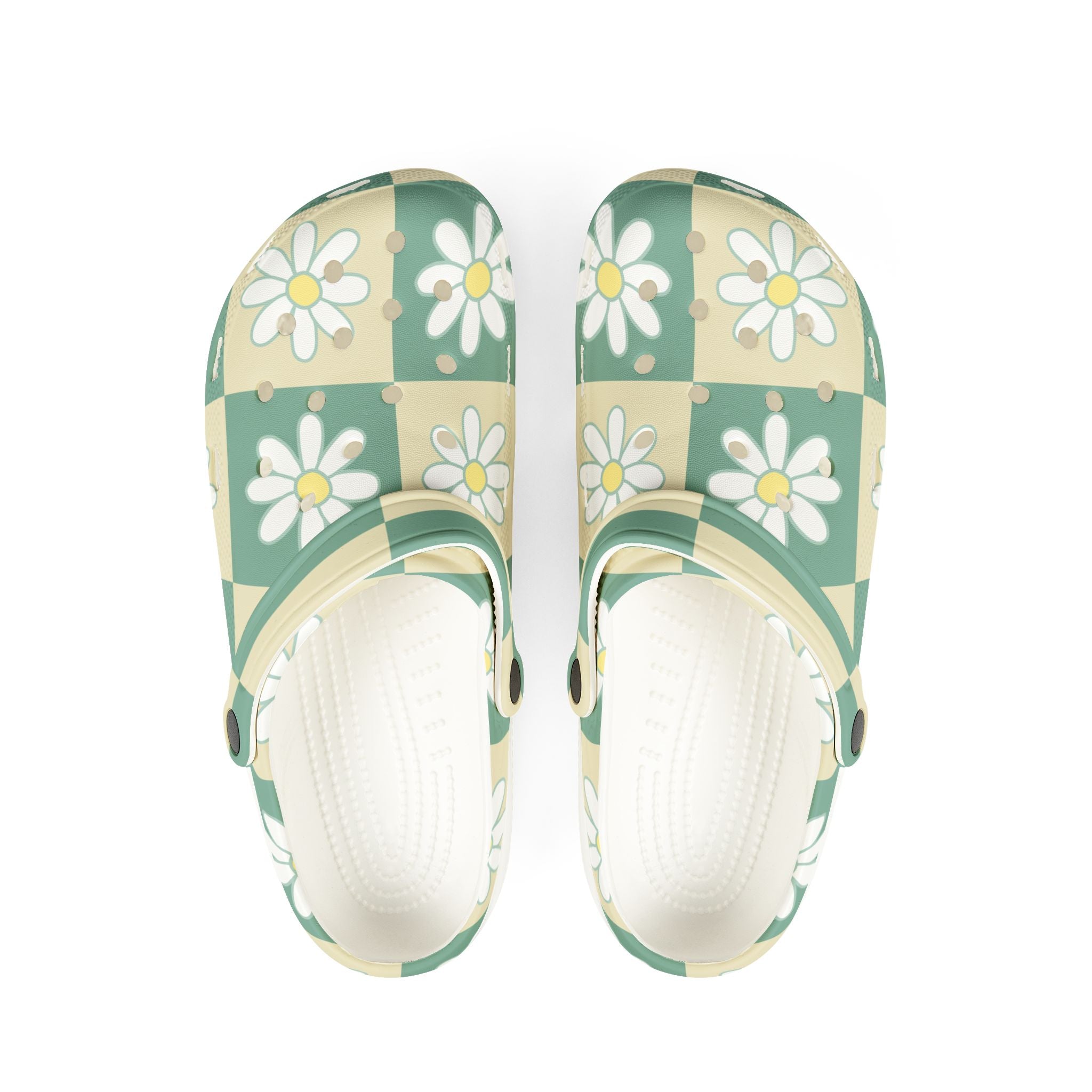 Retro Daisy Checkerboard Green and Tan EVA Foam Rubber Shoes (AOP), Artsulli - Art is Long, Life is Short, Shoes, Size, US 6 (Women's), Color, White, , , 20596492360703438184