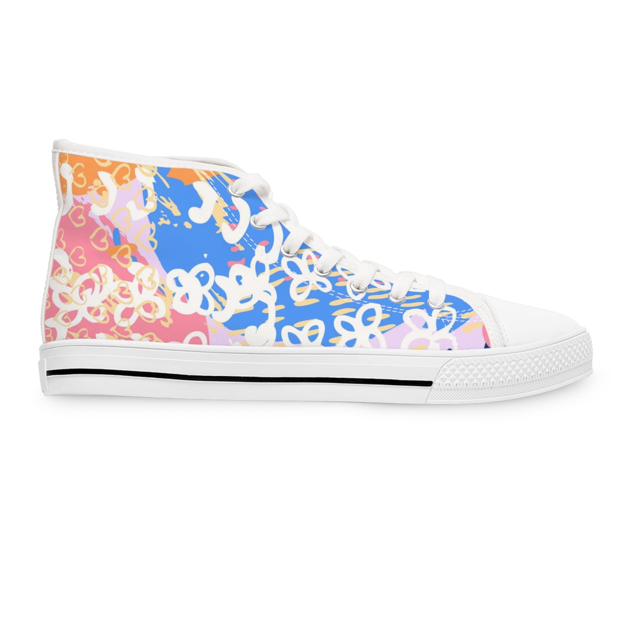 Flowers x Doodles x Hearts Multi-Color Women's High Top Sneakers, Artsulli - Art is Long, Life is Short, Shoes, , , , , , , 