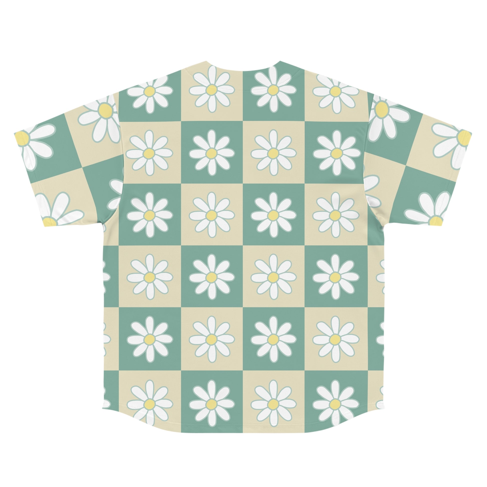 Retro Daisy Checkerboard Green and Tan Men's Baseball Jersey (AOP), Artsulli - Art is Long, Life is Short, All Over Prints, , , , , , , 