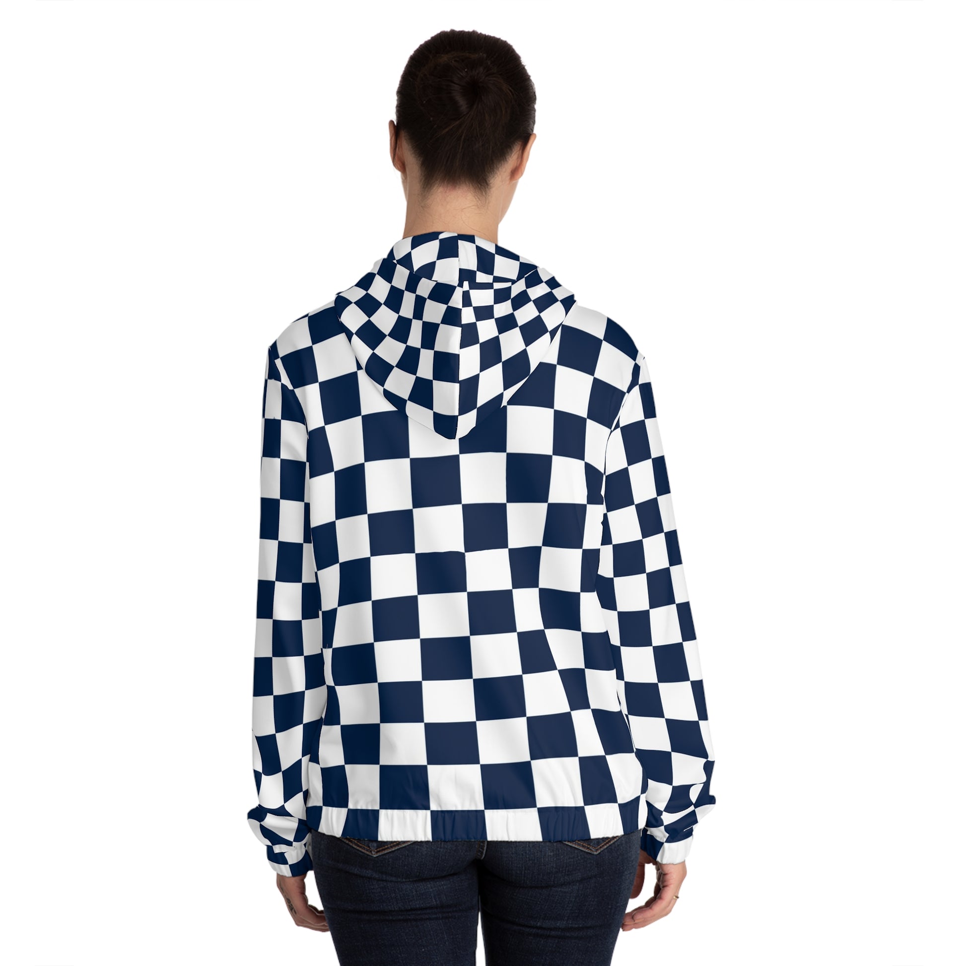 Checkerboard White and Navy Blue Women’s Full-Zip Hoodie (AOP), Artsulli - Art is Long, Life is Short, All Over Prints, , , , , , , 