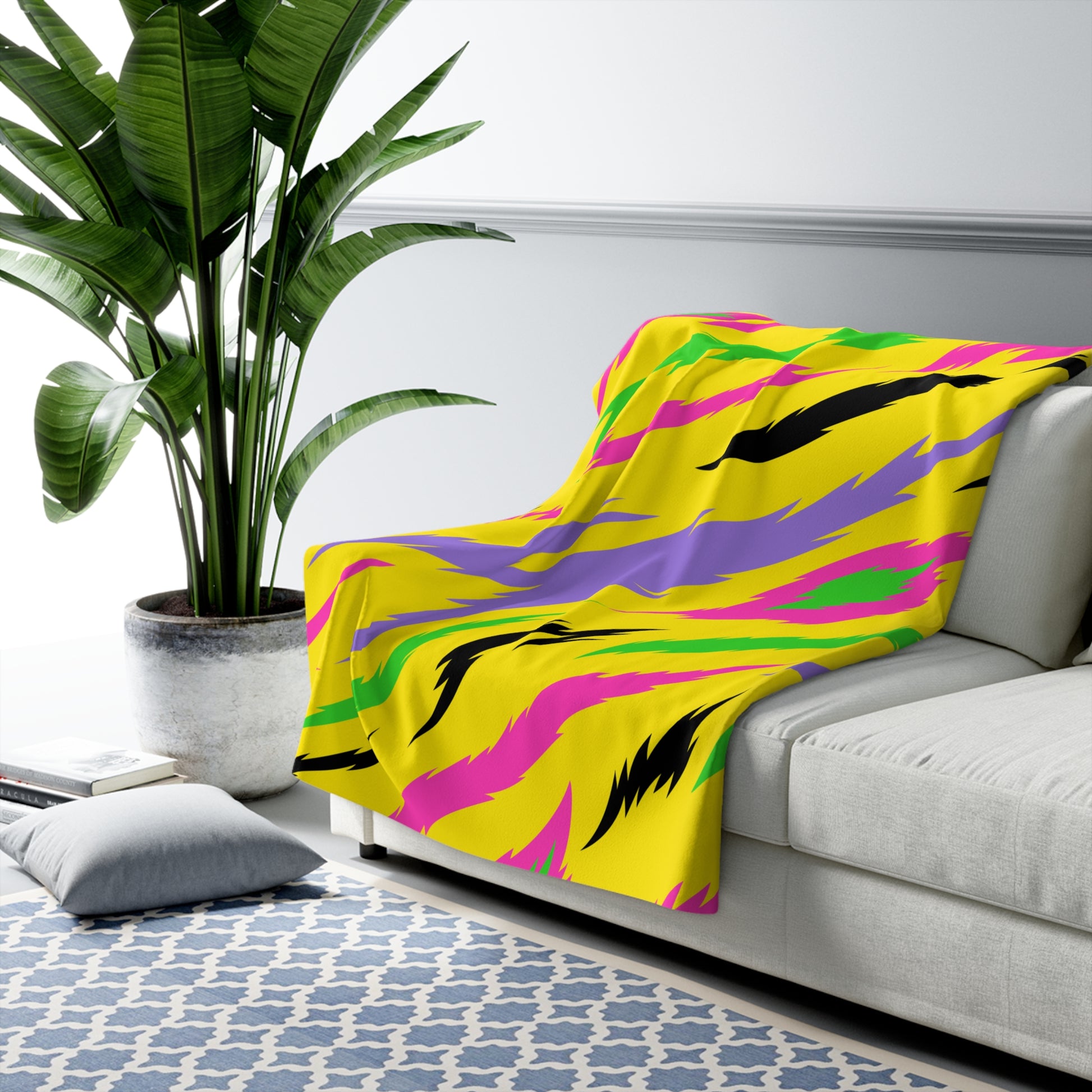 Retro Psychedelic Tiger Stripes Yellow Sherpa Fleece Blanket, Artsulli - Art is Long, Life is Short, Home Decor, , , , , , , 