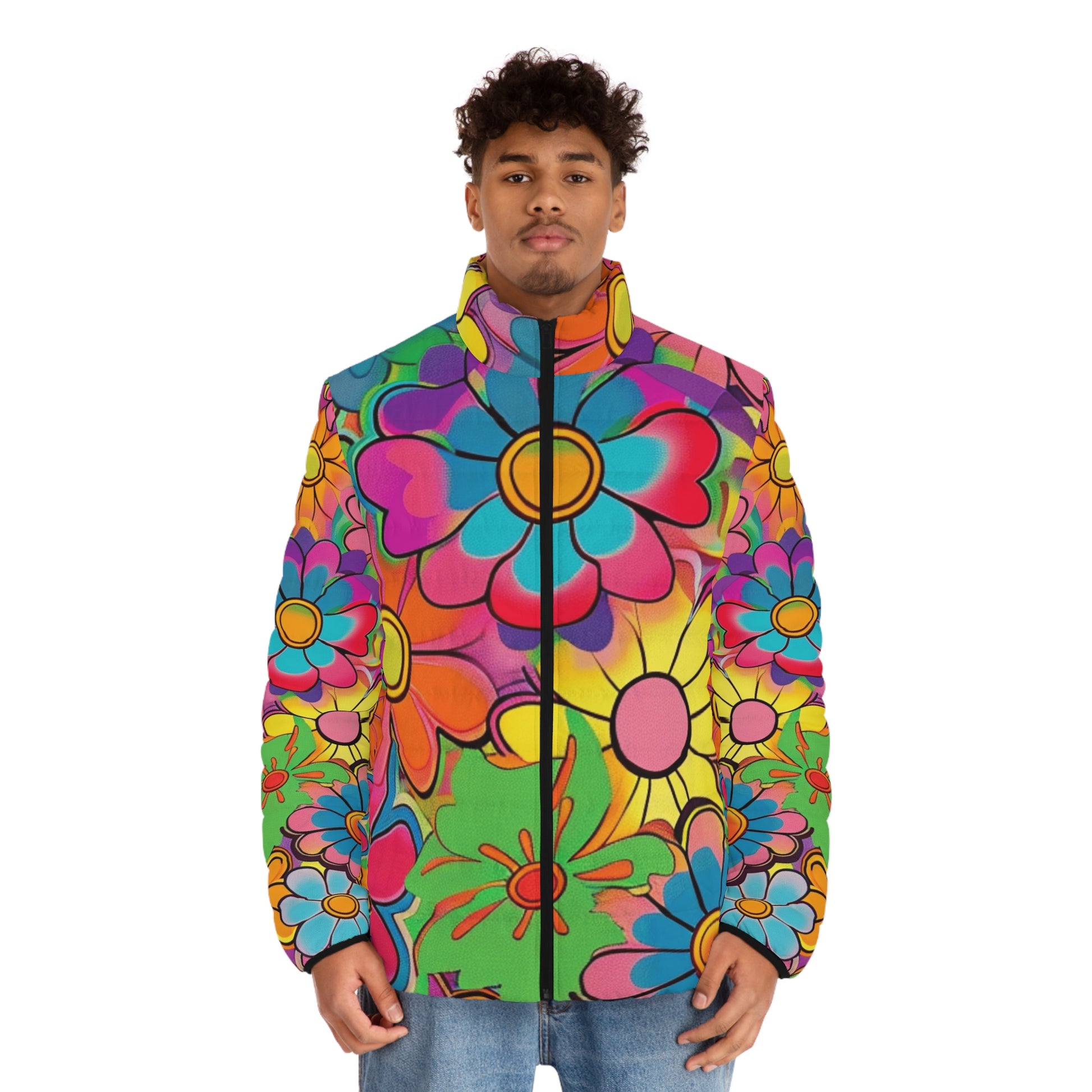 Chromatic Daisy Dream Men's Puffer Jacket (AOP), Artsulli - Art is Long, Life is Short, All Over Prints, , , , , , , 