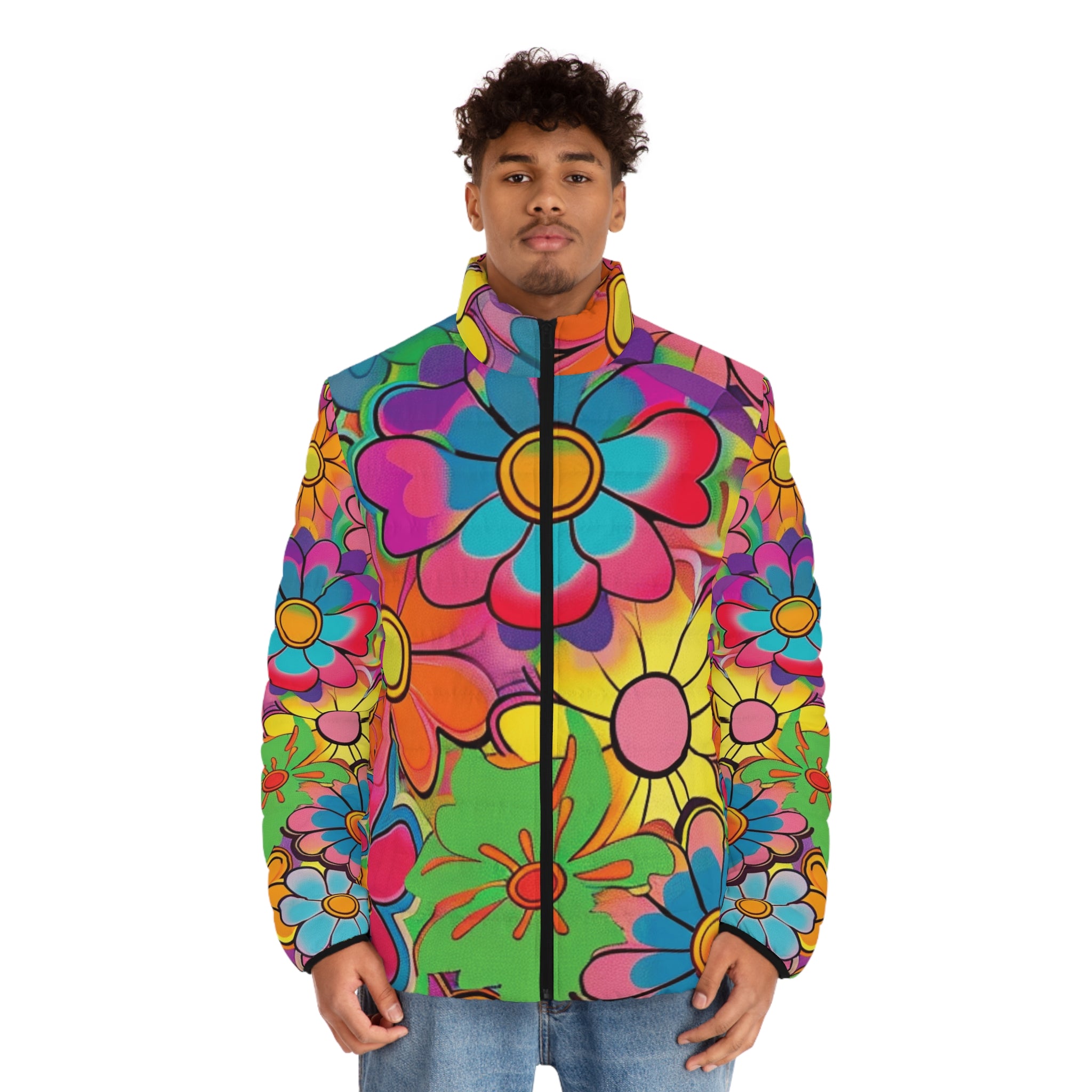 Chromatic Daisy Dream Men's Puffer Jacket (AOP), Artsulli - Art is Long, Life is Short, All Over Prints, , , , , , , 