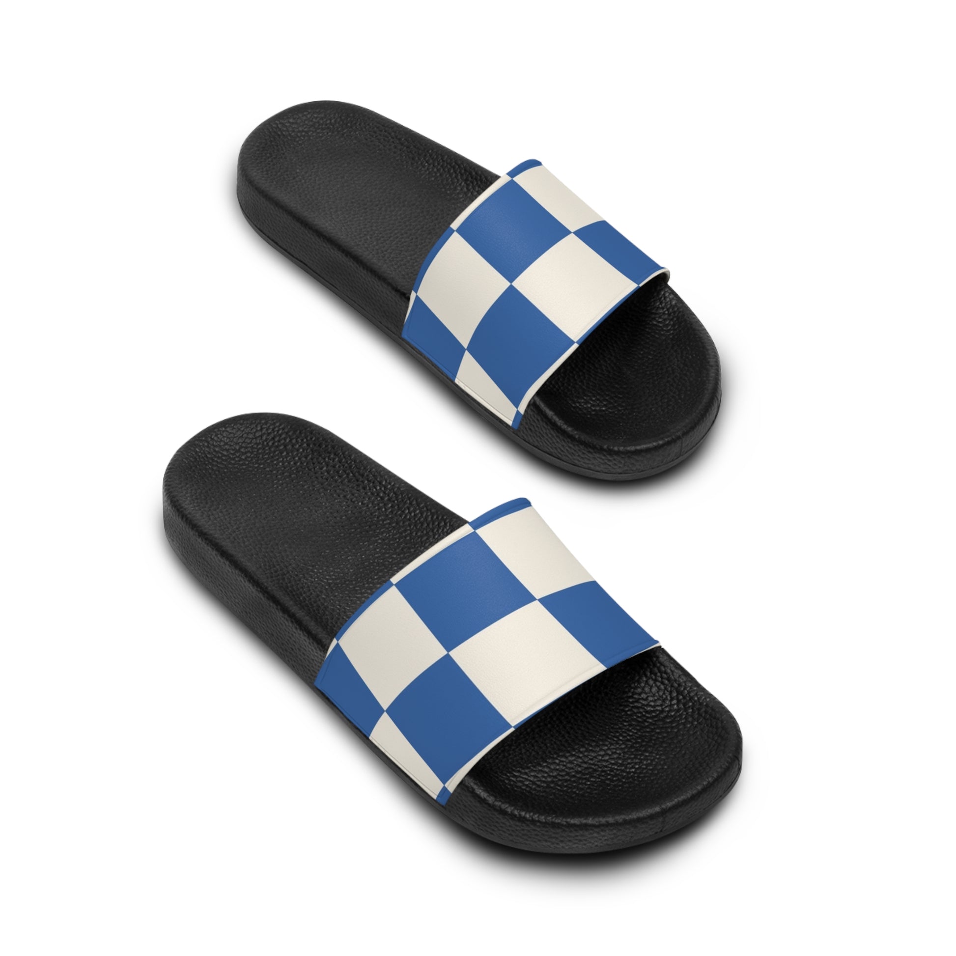 Checkerboard Blue Men's Slide Sandals, Artsulli - Art is Long, Life is Short, Shoes, , , , , , , 
