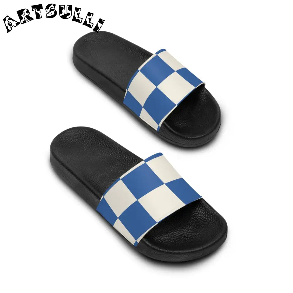JAKKOUTTHEBXX Checkerboard Blue Men’s Slide Sandals JAKKOUTTHEBXX
