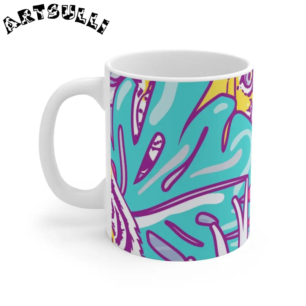 JAKKOUTTHEBXX Tropical Floral Tigers Torquise and Purple Mug 11oz
