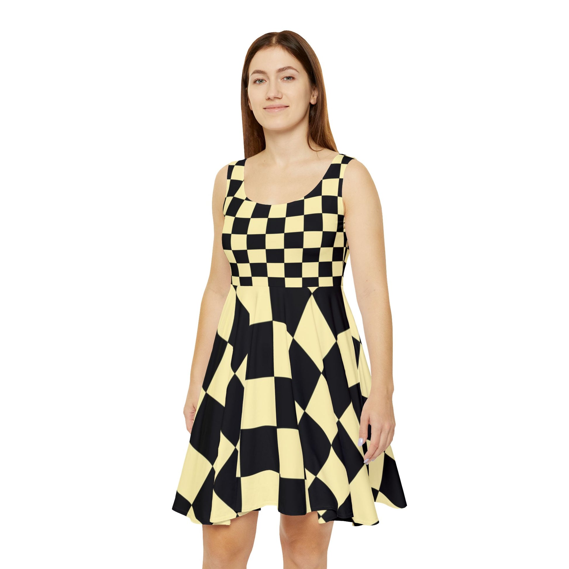Checkerboard Black and Yellow Women's Skater Dress (AOP), Artsulli - Art is Long, Life is Short, All Over Prints, , , , , , , 