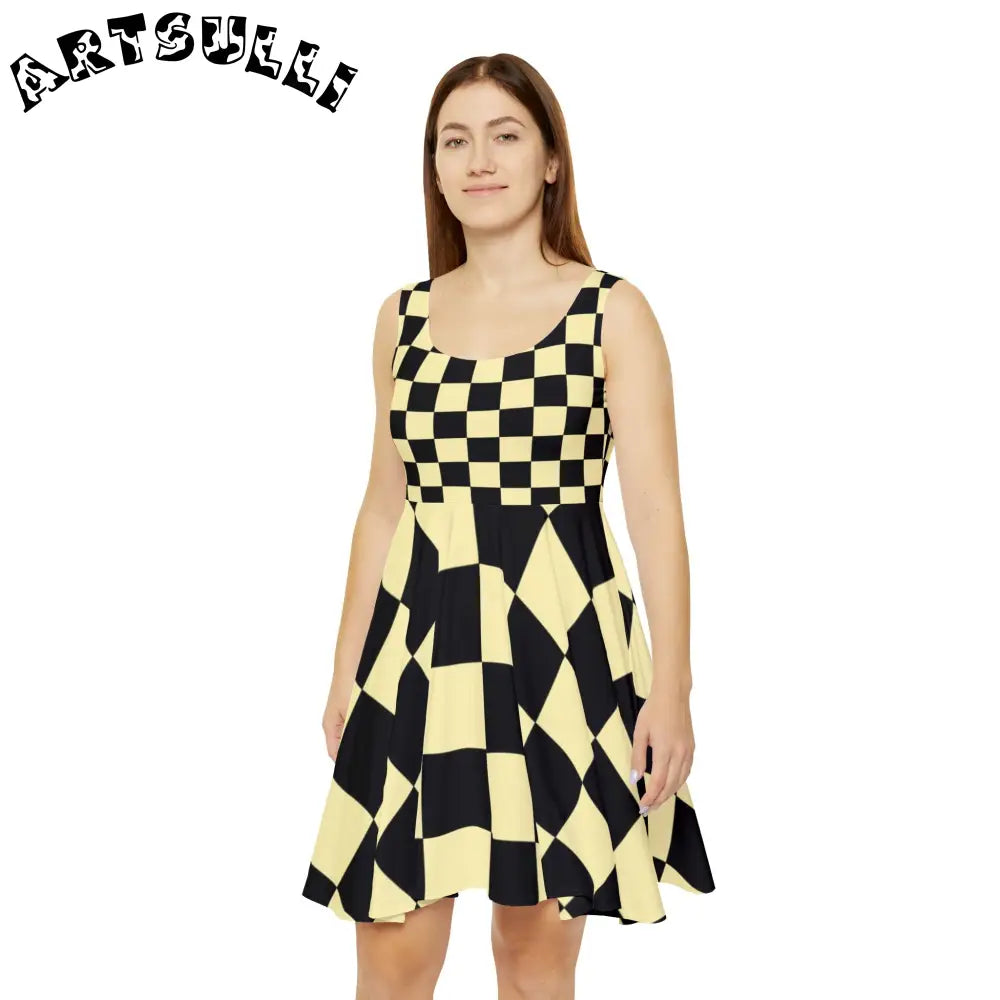 JAKKOUTTHEBXX Checkerboard Black and Yellow Women’s Skater Dress