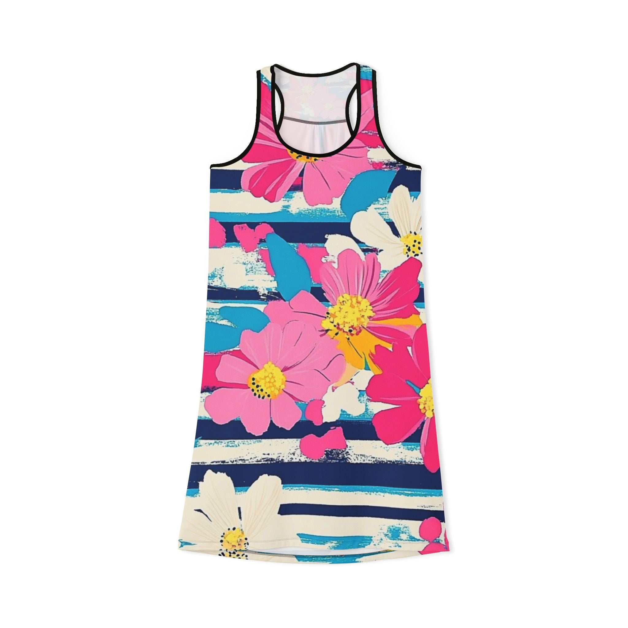 Dayglo Floral Stripes II Multi-Color Women's Racerback Dress (AOP), Artsulli - Art is Long, Life is Short, Tank Top, Size, XS, Color, Black, , , 37970069710497