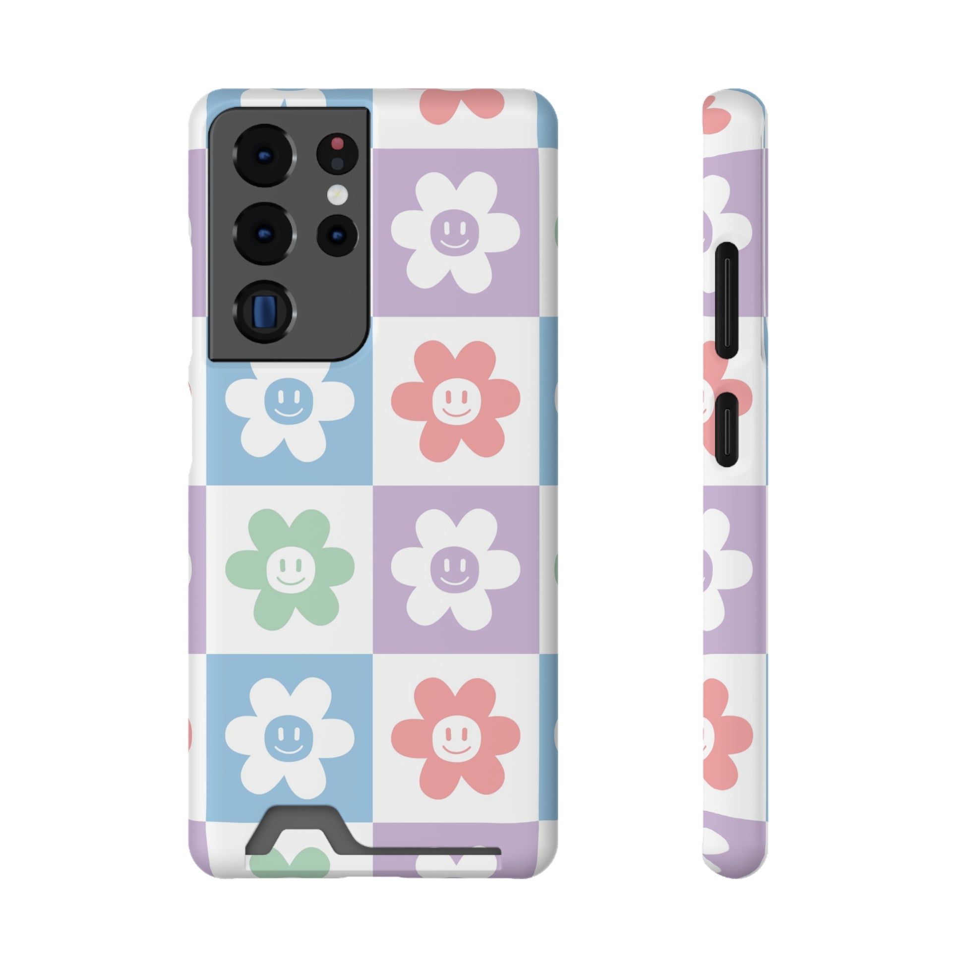 Chessboard x Smiley Face Flowers Multi-Color Phone Case With Card Holder, Artsulli - Art is Long, Life is Short, Phone Case, Size, Samsung Galaxy S21 Ultra, Surface, Matte, Shape, With gift packaging, 18561521200969459577