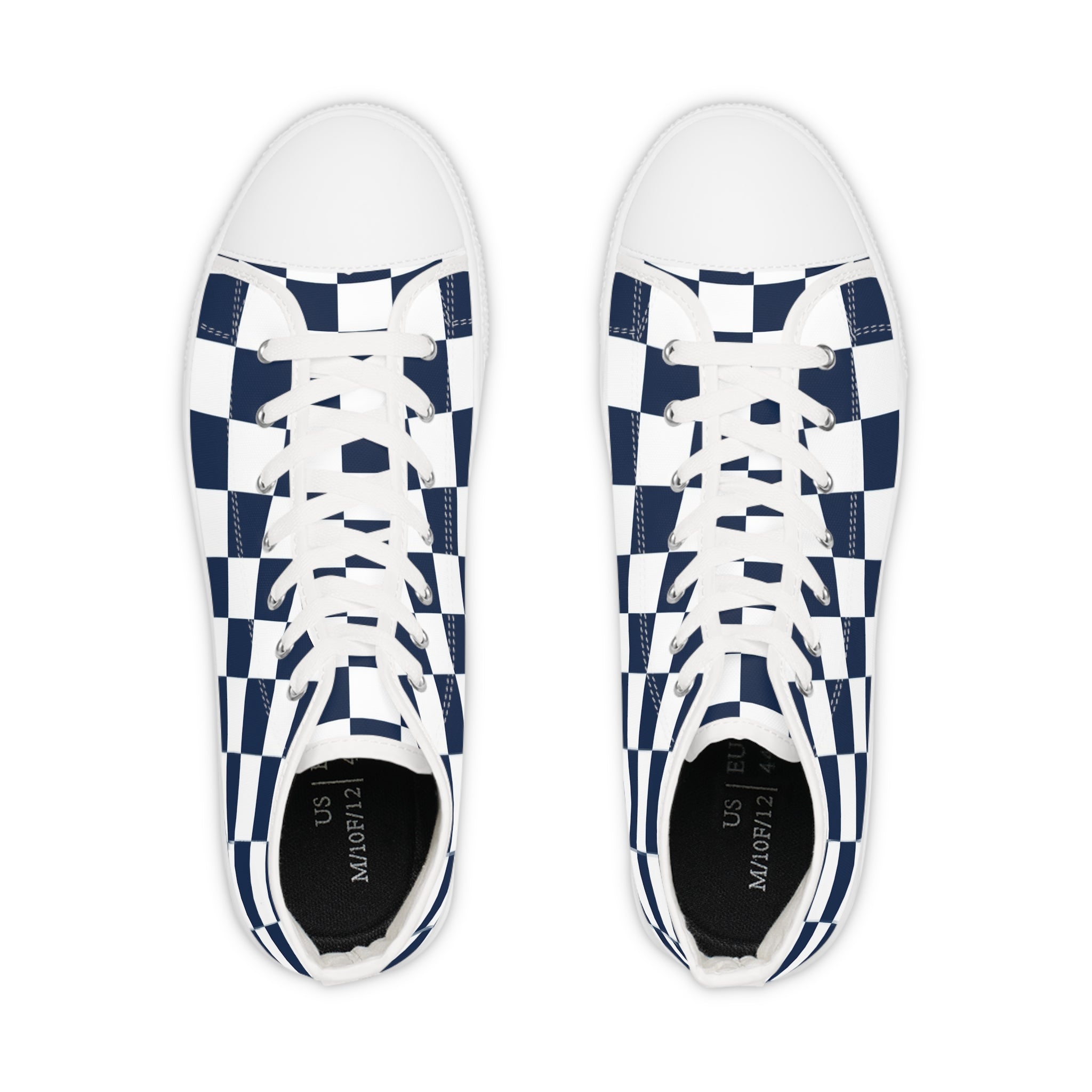 Checkerboard White and Navy Blue Men's High Top Sneakers, Artsulli - Art is Long, Life is Short, Shoes, , , , , , , 